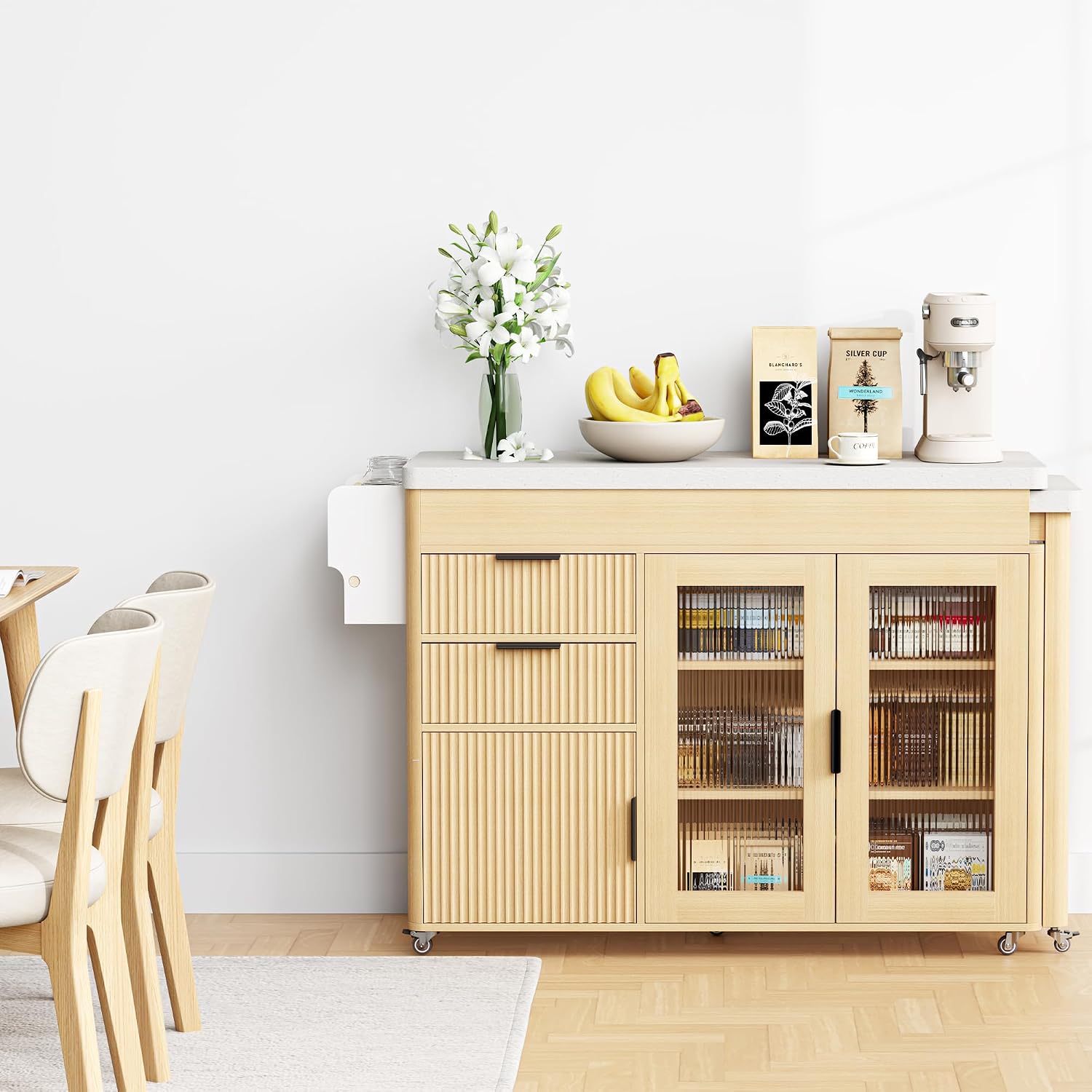 IRONCK 78.7' Kitchen Island with Extendable Dining Table, Rolling Kitchen Cart on Wheels with Quartz Laminate Top, Storage Cabinet, Spice Rack, Shelf & Drawer for Dining Room (Oak)