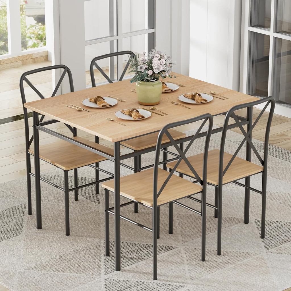VECELO Dining Table Set for 4, 5-Piece Wood Kitchen Table with Chairs for Small Space, Breakfast Nook, Space-Saving, Natural Black