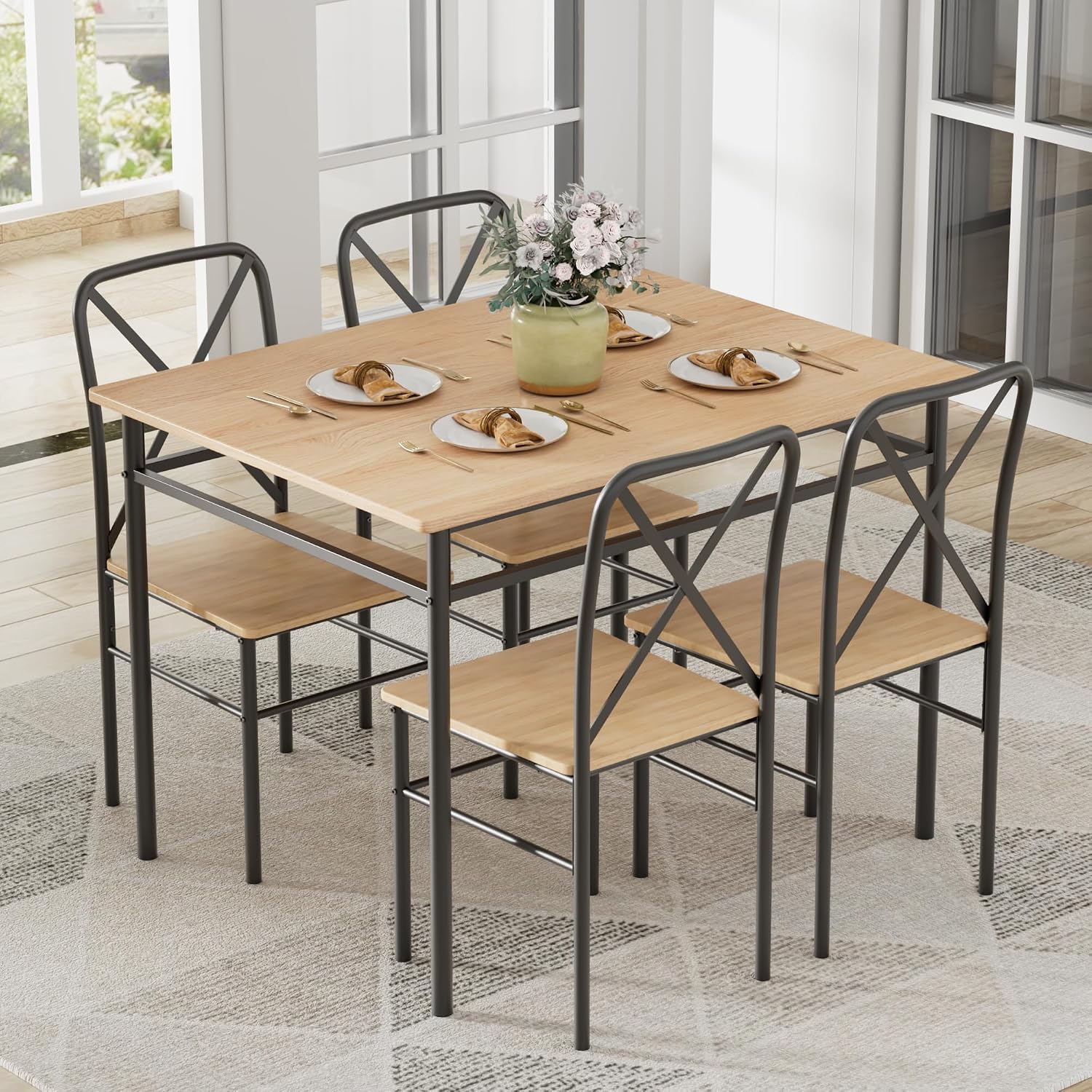 VECELO Dining Table Set for 4, 5-Piece Wood Kitchen Table with Chairs for Small Space, Breakfast Nook, Space-Saving, Natural Black