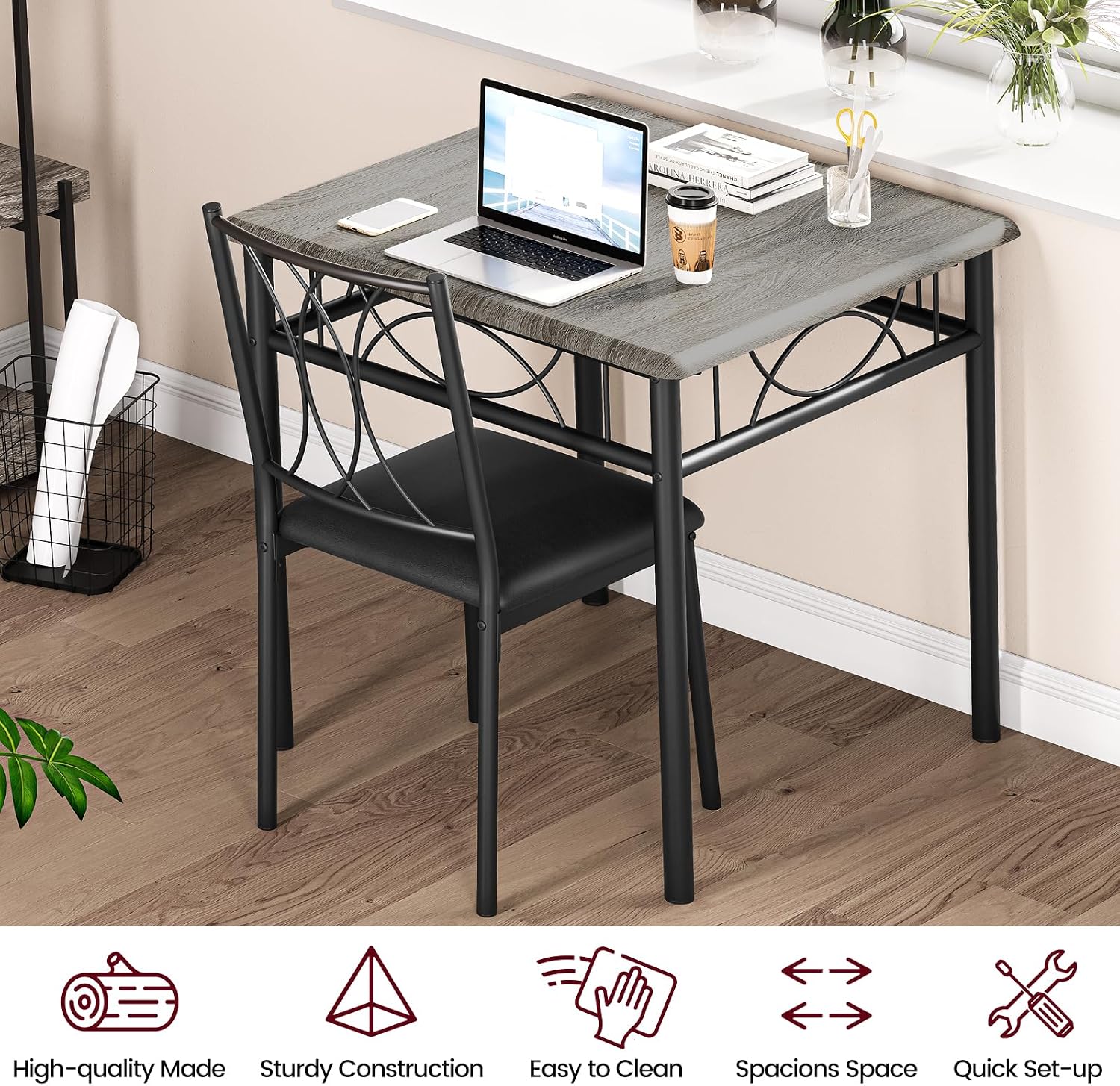 Garvee 3-Piece Wood Dining Table Set for 2, Compact Square Kitchen Table Set with 2 Upholstered Chairs, Space-Saving Dining Table Set for Apartment, Studio, Kitchen, Small Space, Gray