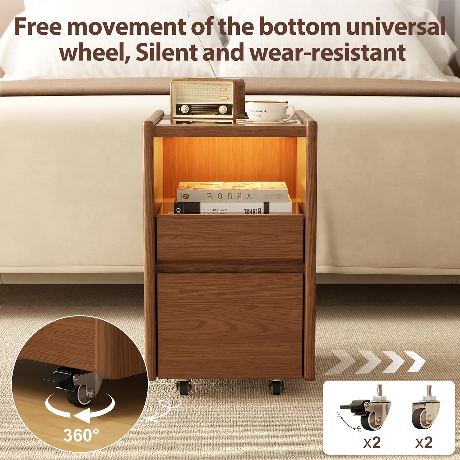 Walnut Nightstand,LED Nightstand with Charging Station,Narrow Bedside Table with Jewelry Box,Small Night Stand with Wheels,Modern Night Stand for Bedroom,Living Room,Dressing Room