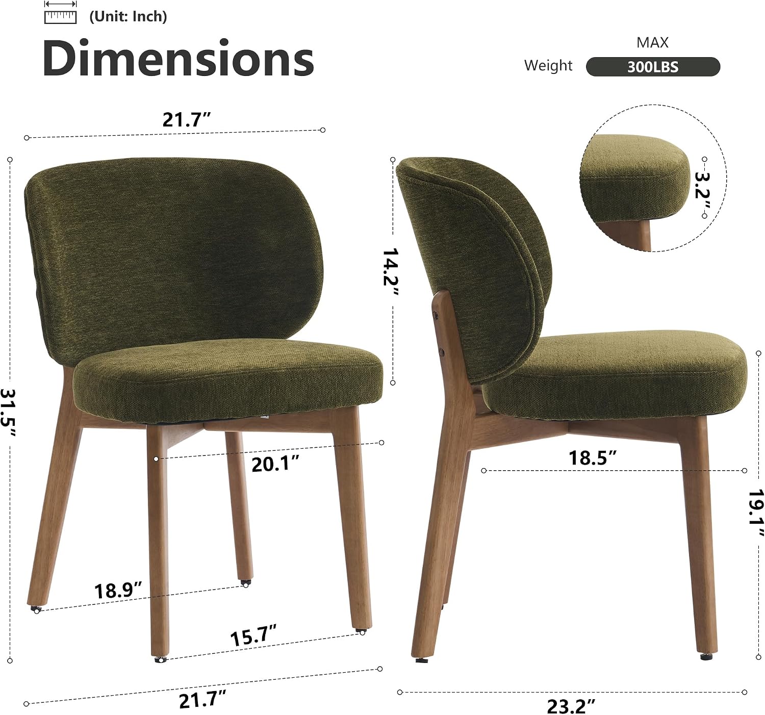 YOUNIKE Olive Green Dining Chair with High Back Single Mid Century Modern Kitchen Chair Boucle Fabric Upholstered Armless Accent Chair 20' Wide Padded Seat with Wooden Legs for Living Room Bedroom
