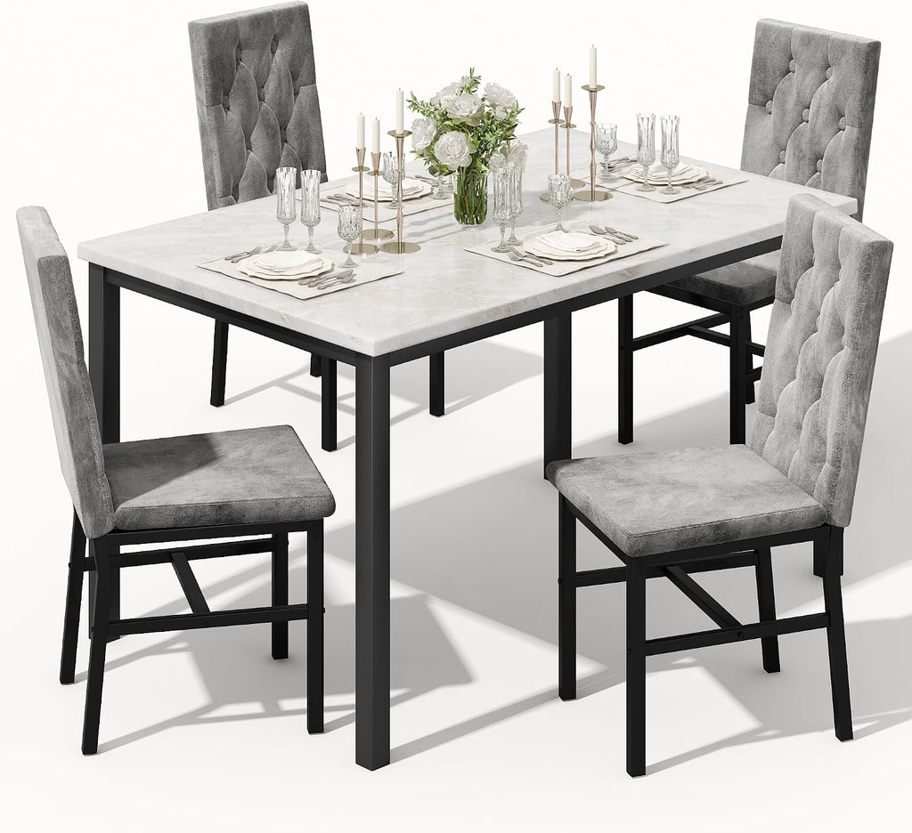 Hooseng Dining Table Set for 4, Faux Marble Small Kitchen Table Chairs Set of 4 with Luxurious Button Tufted Dinner Chairs for Kitchen and Dining (Beige)