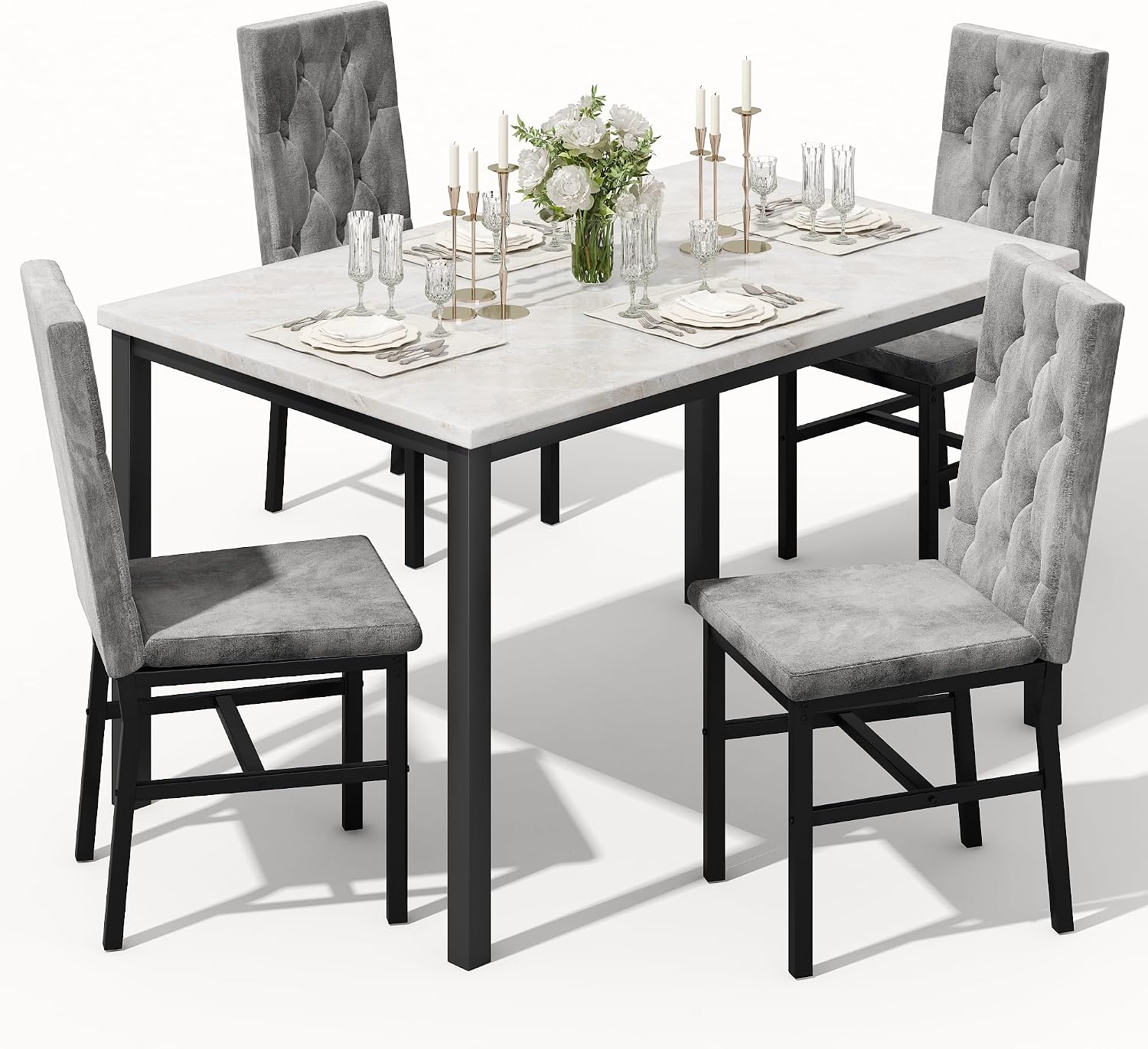 Hooseng Dining Table Set for 4, Faux Marble Small Kitchen Table Chairs Set of 4 with Luxurious Button Tufted Dinner Chairs for Kitchen and Dining (Beige)