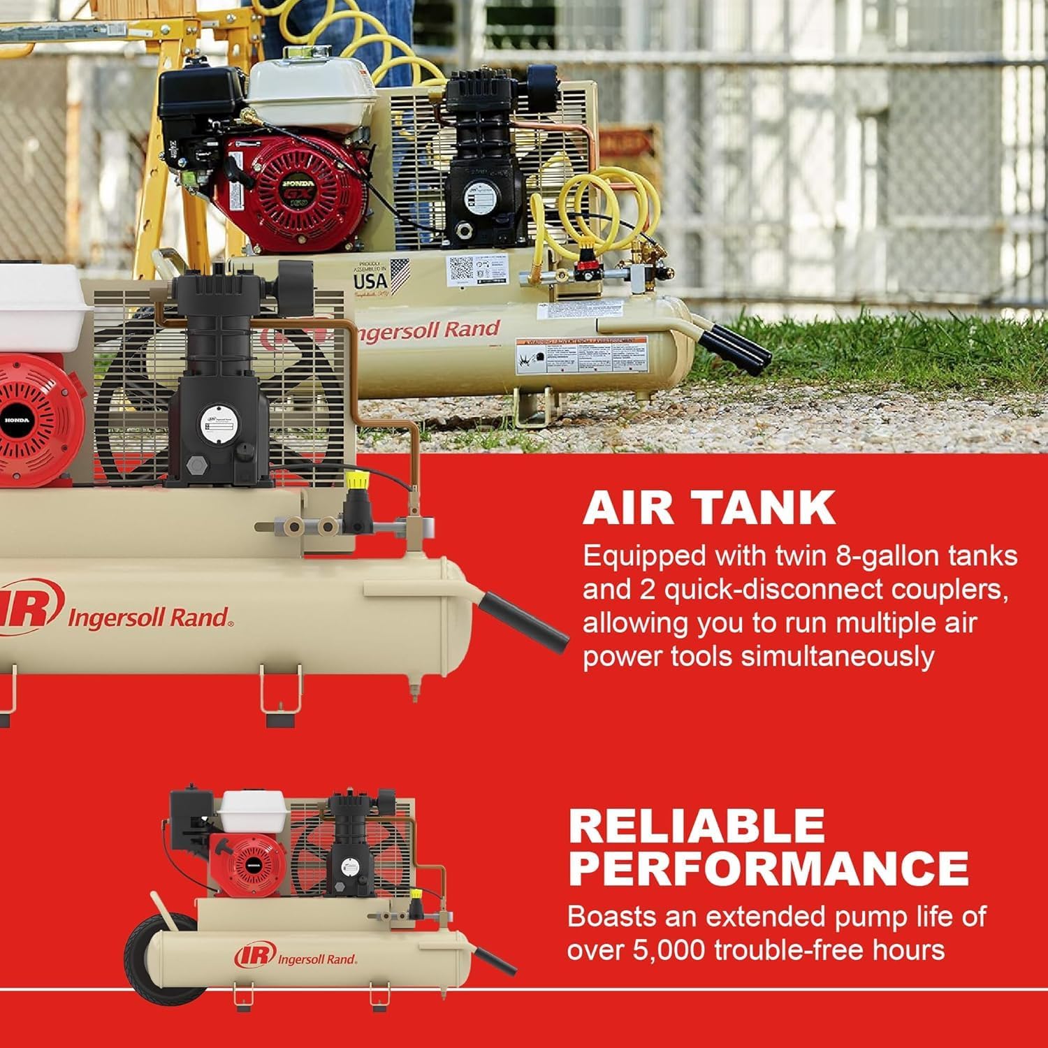 Ingersoll-Rand SS3J5.5GH-WB 5.5 Horsepower 8 Gallon Oiled Gas Twin Pontoon Compressor