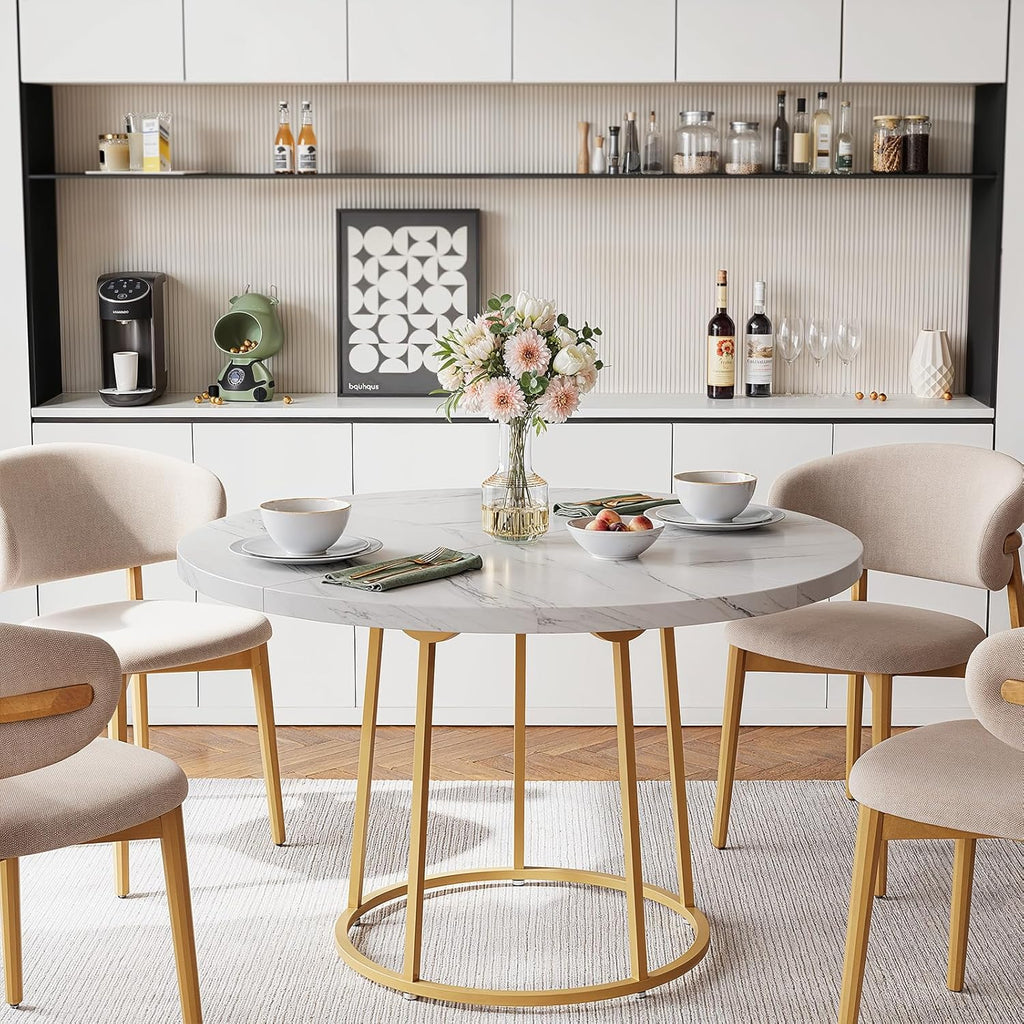 ONBRILL Round Dining Table, 47.24 Inch, Wooden Faux Marble with Gold Base, Circle Modern Small Table for Home Dining Room, Kitchen, Restaurant (White)