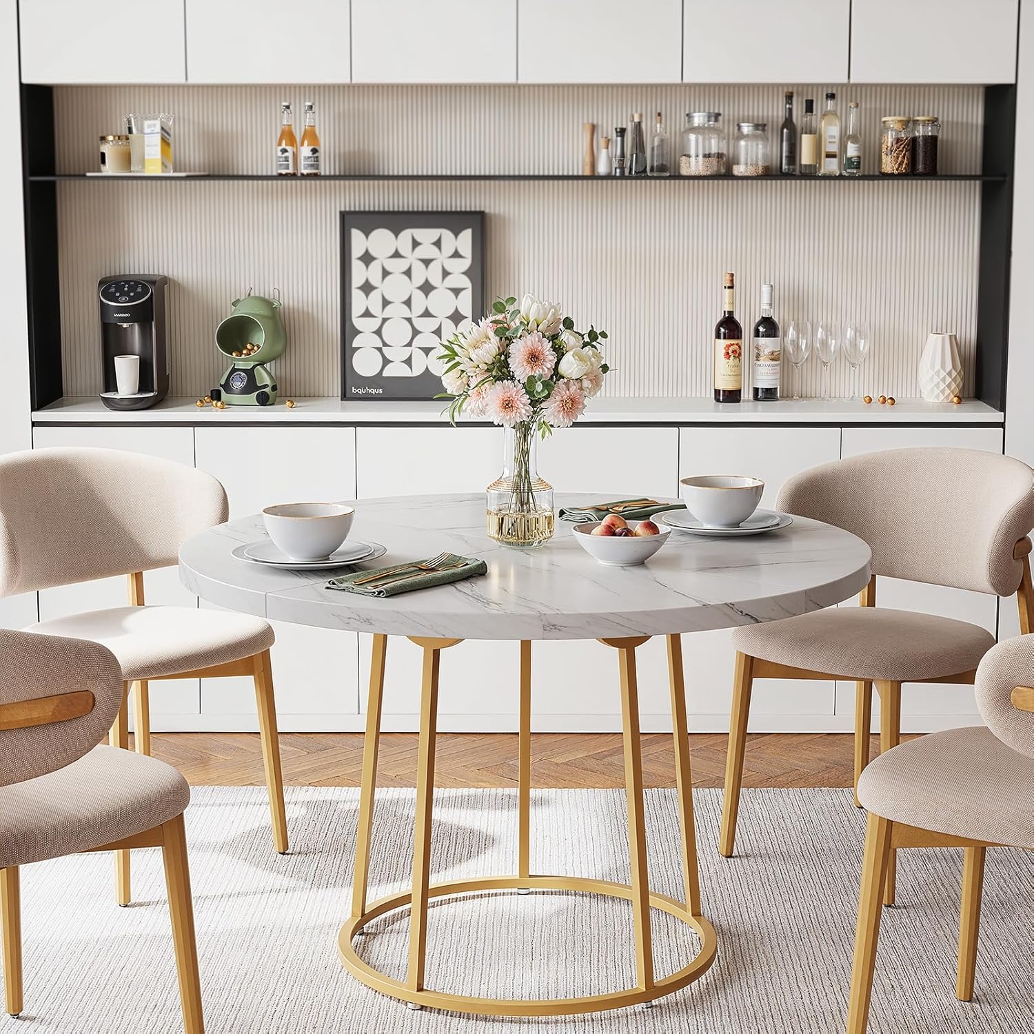 ONBRILL Round Dining Table, 47.24 Inch, Wooden Faux Marble with Gold Base, Circle Modern Small Table for Home Dining Room, Kitchen, Restaurant (White)