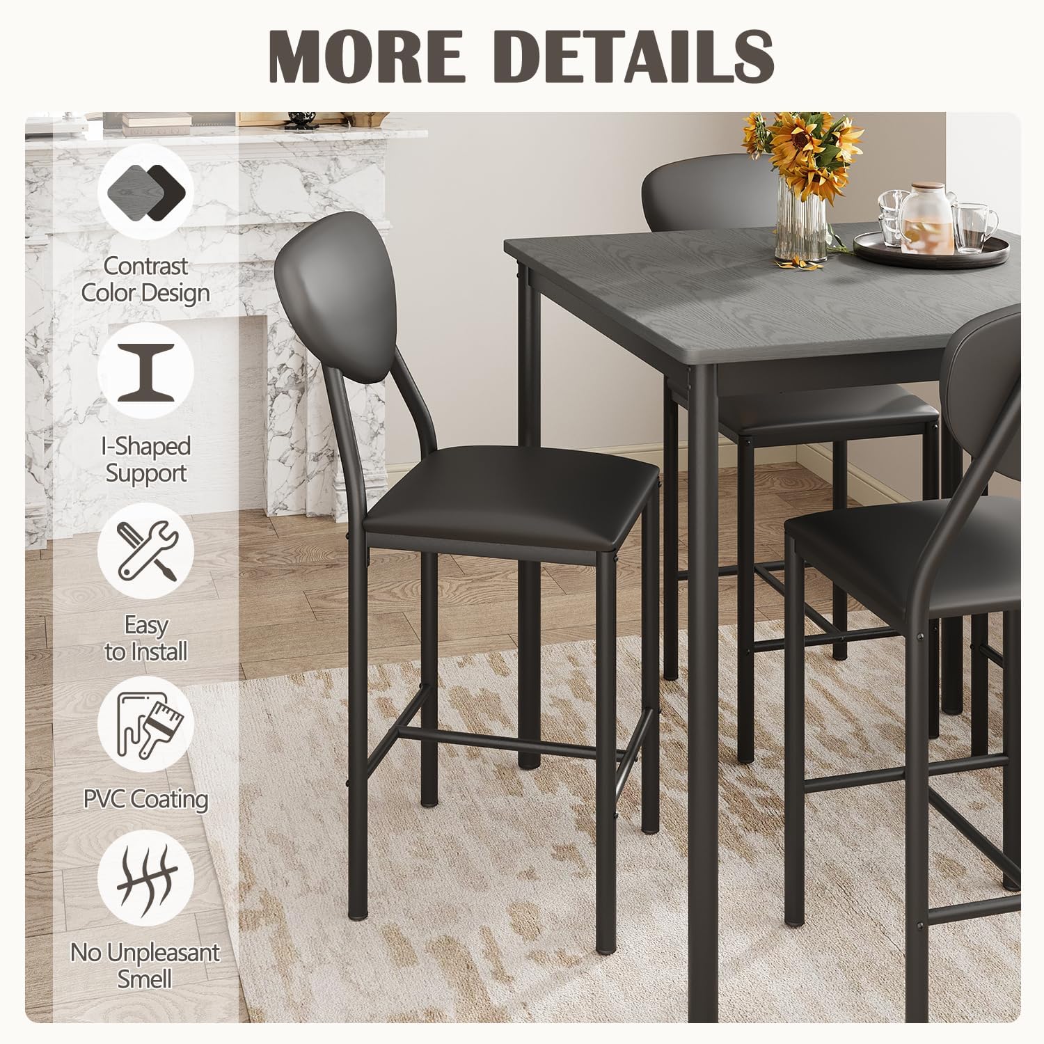 EROMMY Dining Table Set for 4, Modern Kitchen Table and Chairs with PU Leather Upholstery, Wood Dining Table with Chairs for Small Space, Dining Room, Gray
