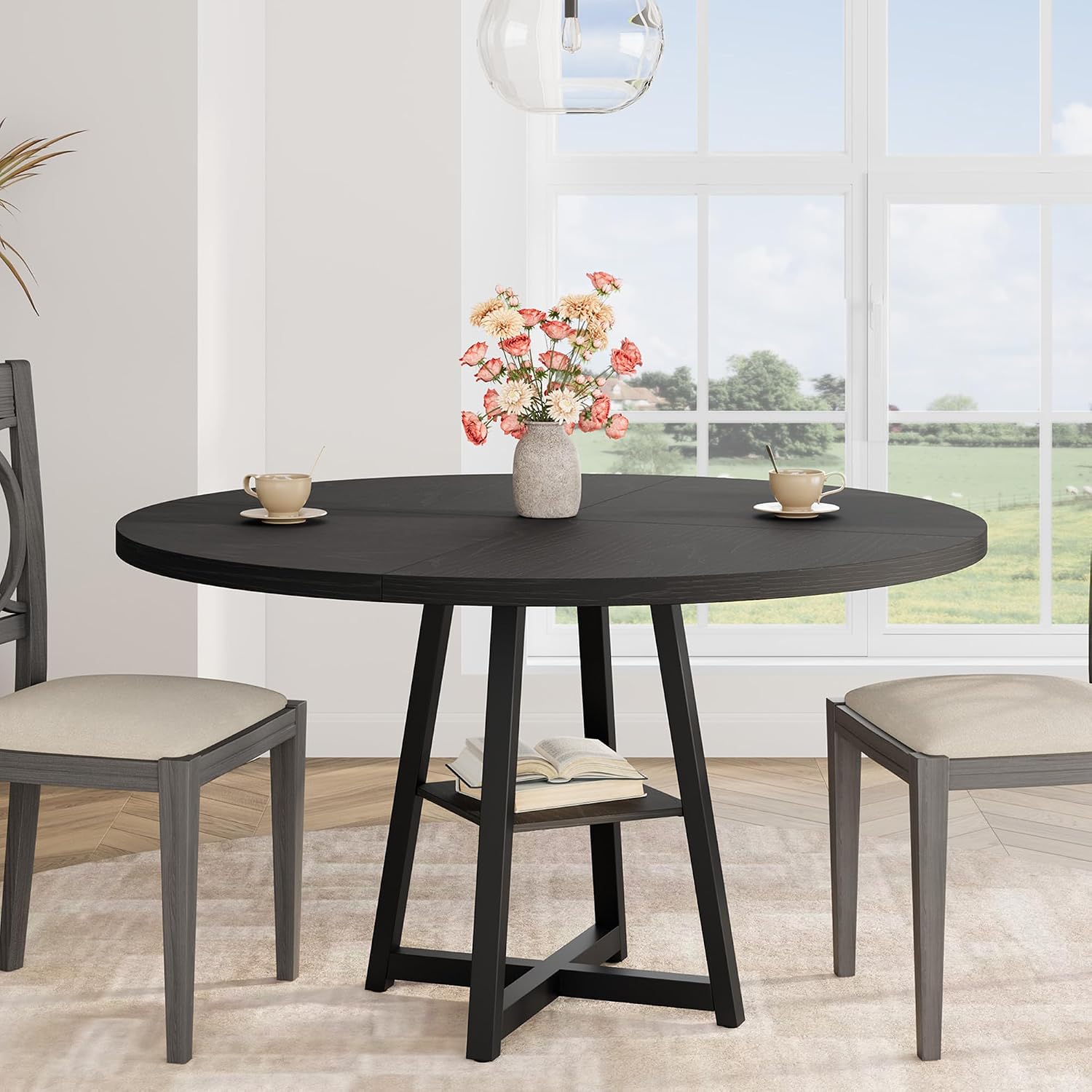 Garvee 47.2 in Round Dining Table for 4-6 People, Industrial Round Kitchen Table with Sturdy Metal Pedestal Base & Storage Shelf, Circle 4 Dinner Table for Dinner, Kitchen, Dining Room