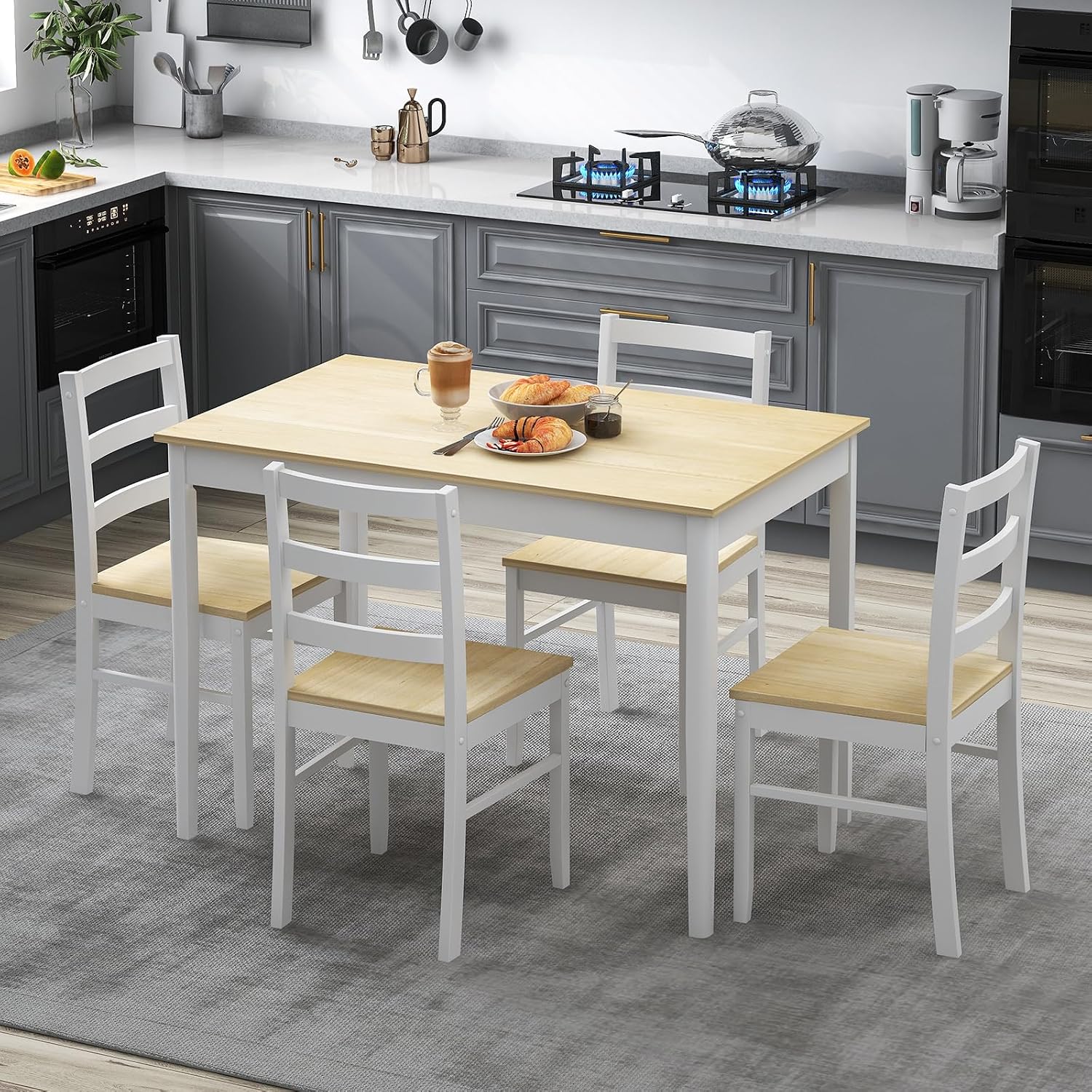 Giantex 5-Piece Dining Table Set for 4, 45' Rectangular Kitchen Table and Chairs Set with Solid Rubber Wood Legs, Space Saving Dinette Set for Small Space, Breakfast Nook, Restaurant (Beige)