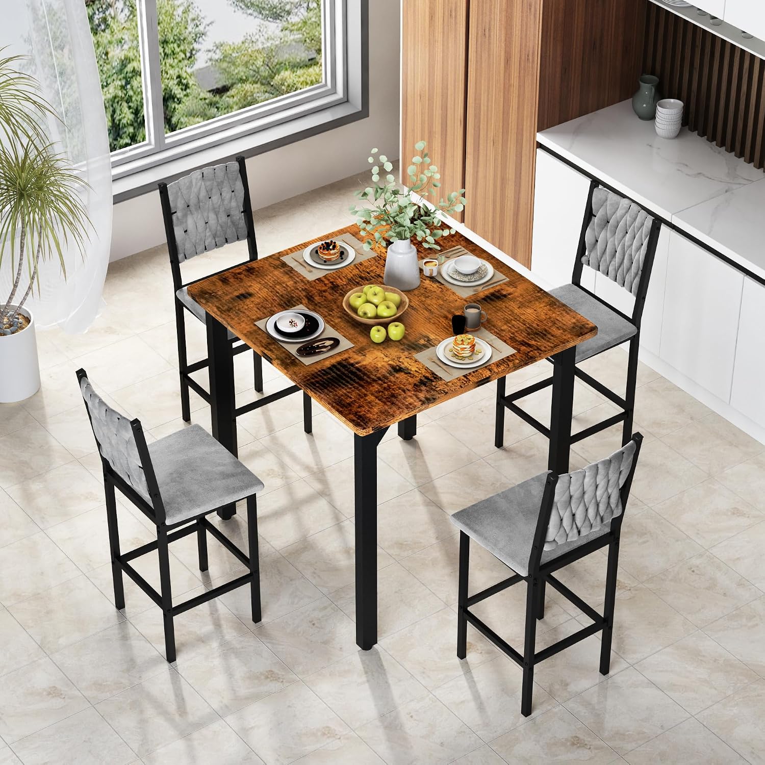 AWQM 5-Piece Dining Table Set, Dining Table Set for 4, Counter Height Table & 4 Velvet Bar Stools, Modern Kitchen Dining Set, Compact Dining Set for Small Spaces (Walnut Color & Velvet Chairs)