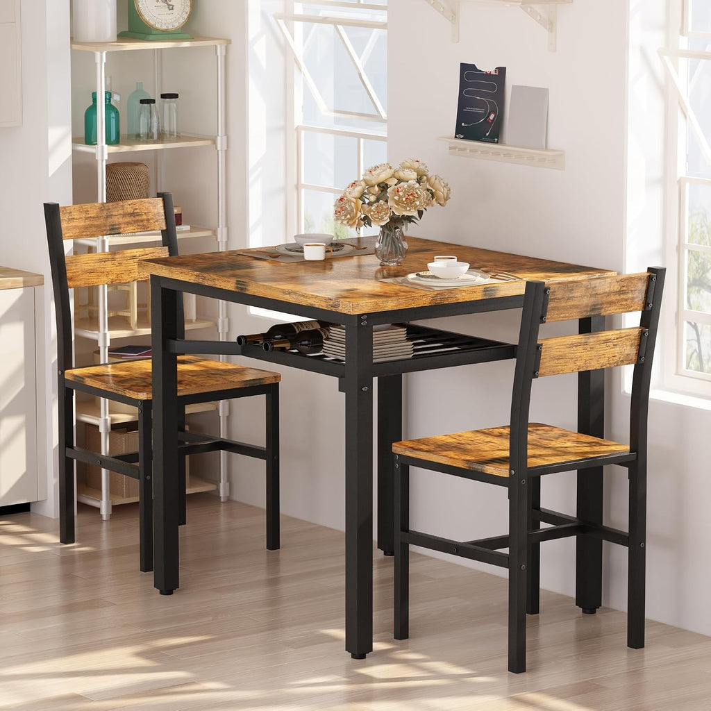Hooseng 3 Piece Dining Table Set for 2, Small Wooden Kitchen Table with Storage, Farmhouse Square Dinette Set for Dining Room, Breakfast Nook, Apartment, Small Space