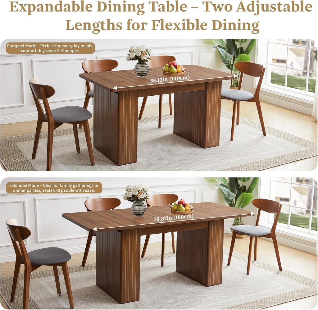 55 in–71 in Extendable Rectangular Dining Table for 4–6, Modern Farmhouse Expandable Kitchen Table with Carved Line Base, Wooden Dinner Table for Kitchen Living Room Home Office (Walnut)