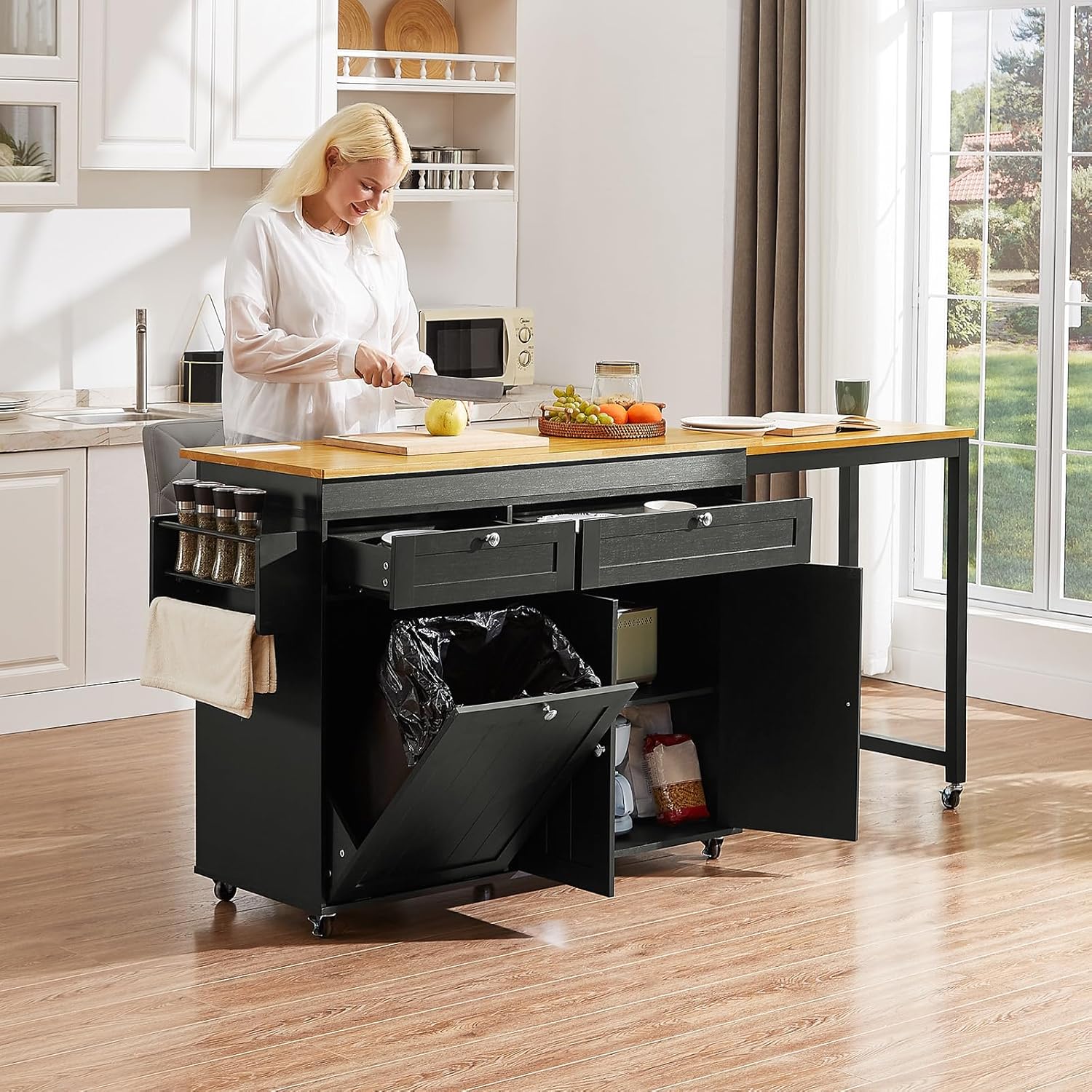 ONBRILL Kitchen Islands with Extendable Dining Table, 81.7' Mobile Kitchen Storage Islands, Rolling Kitchen Cart with Trash Cabinet, Power Outlet, Spice Rack & Towel Rack (Black)