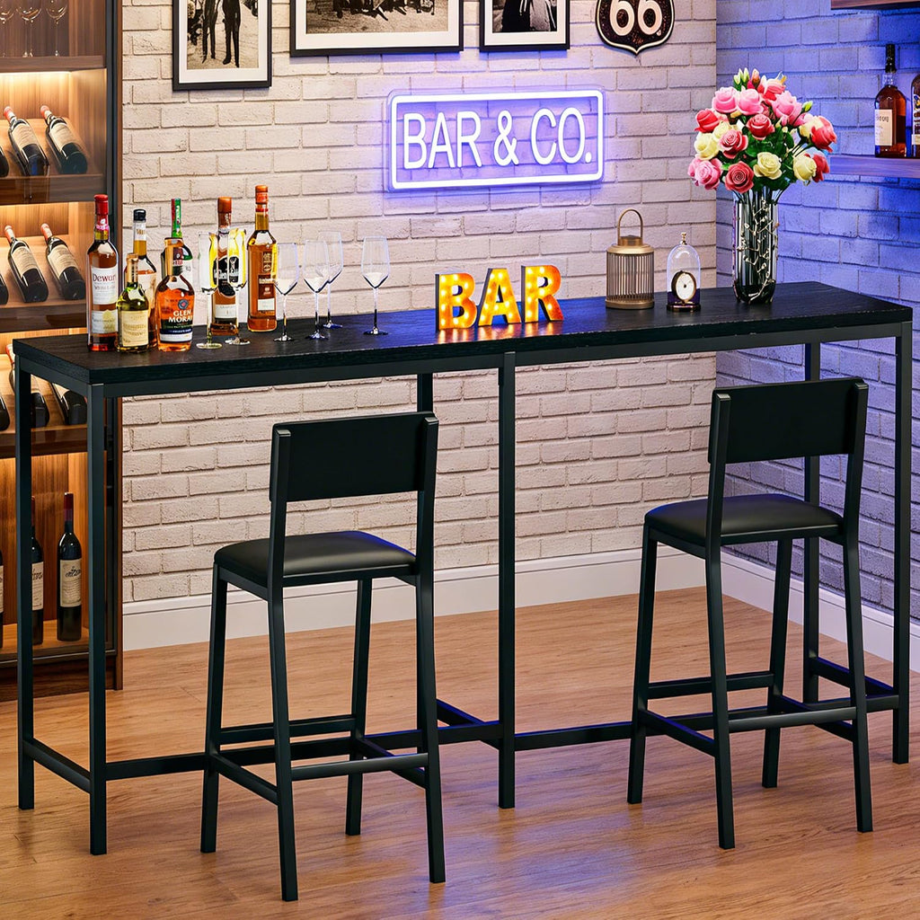 Bar Table and Chairs Set, 3 Piece Convertible L-Shaped Kitchen Table with 2 PU Leather Bar Stools, 63'' Counter Height Small Dining Table with Power Outlets, Space Saving, Breakfast Nook Corner, Black