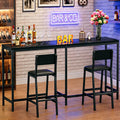 Bar Table and Chairs Set, 3 Piece Convertible L-Shaped Kitchen Table with 2 PU Leather Bar Stools, 63'' Counter Height Small Dining Table with Power Outlets, Space Saving, Breakfast Nook Corner, Black