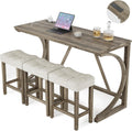 allamazing 4-Piece Counter High Bar Table Set with Socket and 3 Fabric Padded Bar Stools, Tall Kitchen Breakfast Nook with Stool (1+3 Natural)