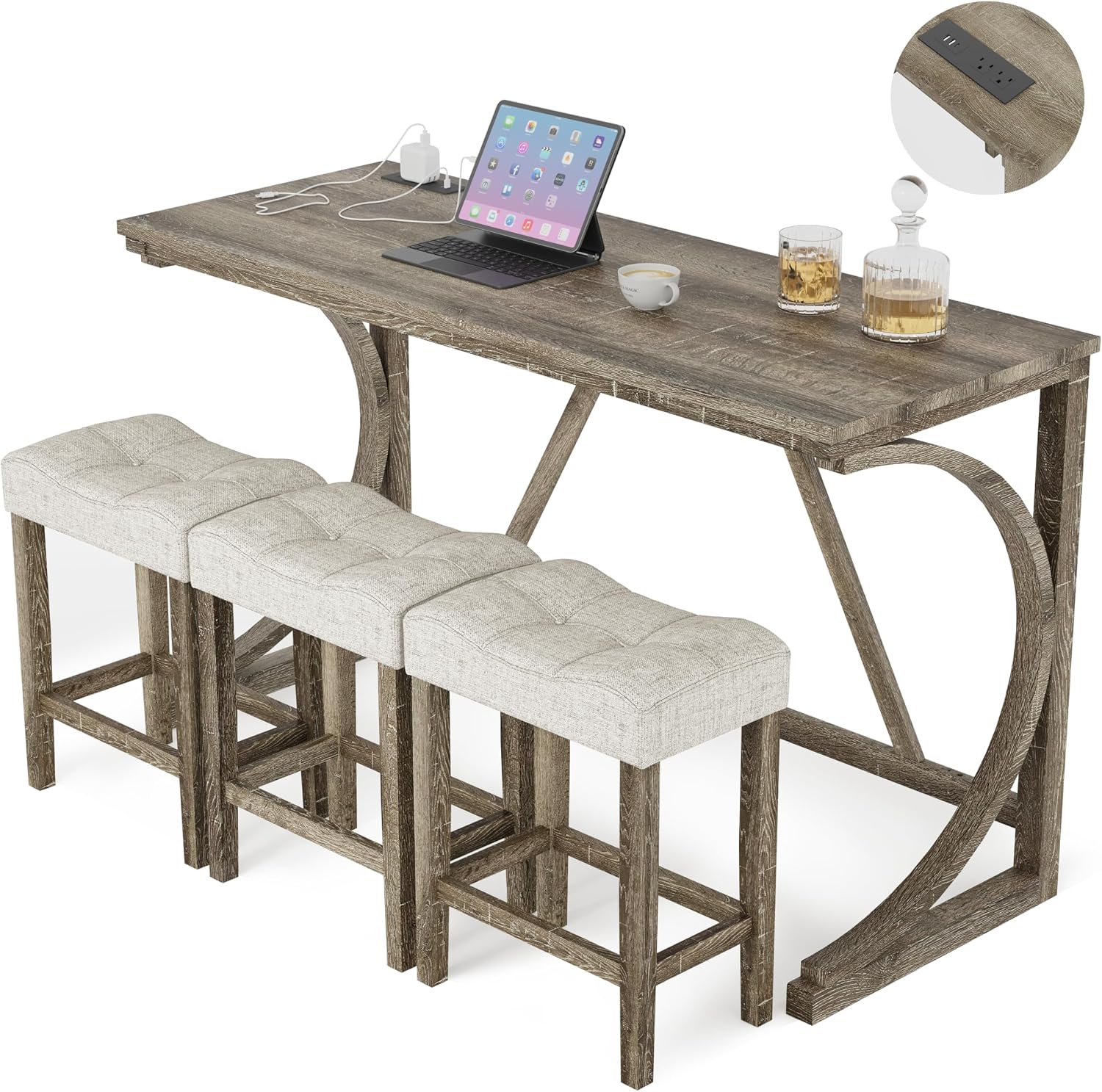 allamazing 4-Piece Counter High Bar Table Set with Socket and 3 Fabric Padded Bar Stools, Tall Kitchen Breakfast Nook with Stool (1+3 Natural)