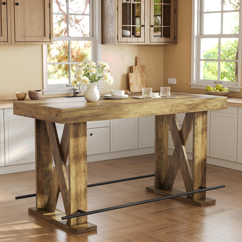 LITTLE TREE 63-Inch Industrial Bar Table with Metal Footrest, Kitchen Pub Table with Sturdy and Heavy Duty X-Base, for Dining Room, Living Room, Home Bar (Mocha, 1)