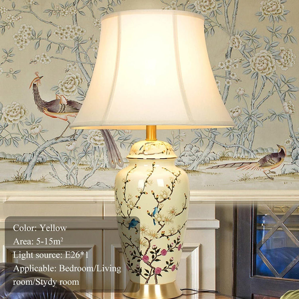 Flower Bird Ceramic Table Lamp, Rustic Vintage White 26.7' Tall Coastal Bedside lamp, Ceramic Lamp Body with Fabric Tapered Drum Shade for Living Room Bedroom House Bedside Nightstand Home
