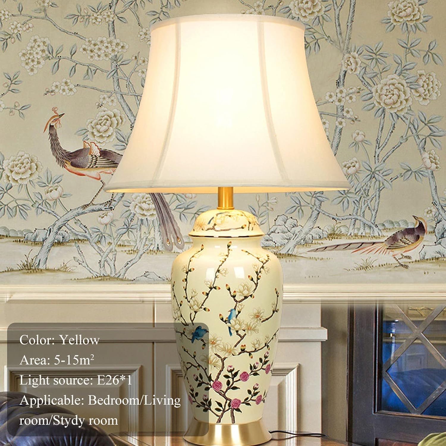 Flower Bird Ceramic Table Lamp, Rustic Vintage White 26.7' Tall Coastal Bedside lamp, Ceramic Lamp Body with Fabric Tapered Drum Shade for Living Room Bedroom House Bedside Nightstand Home