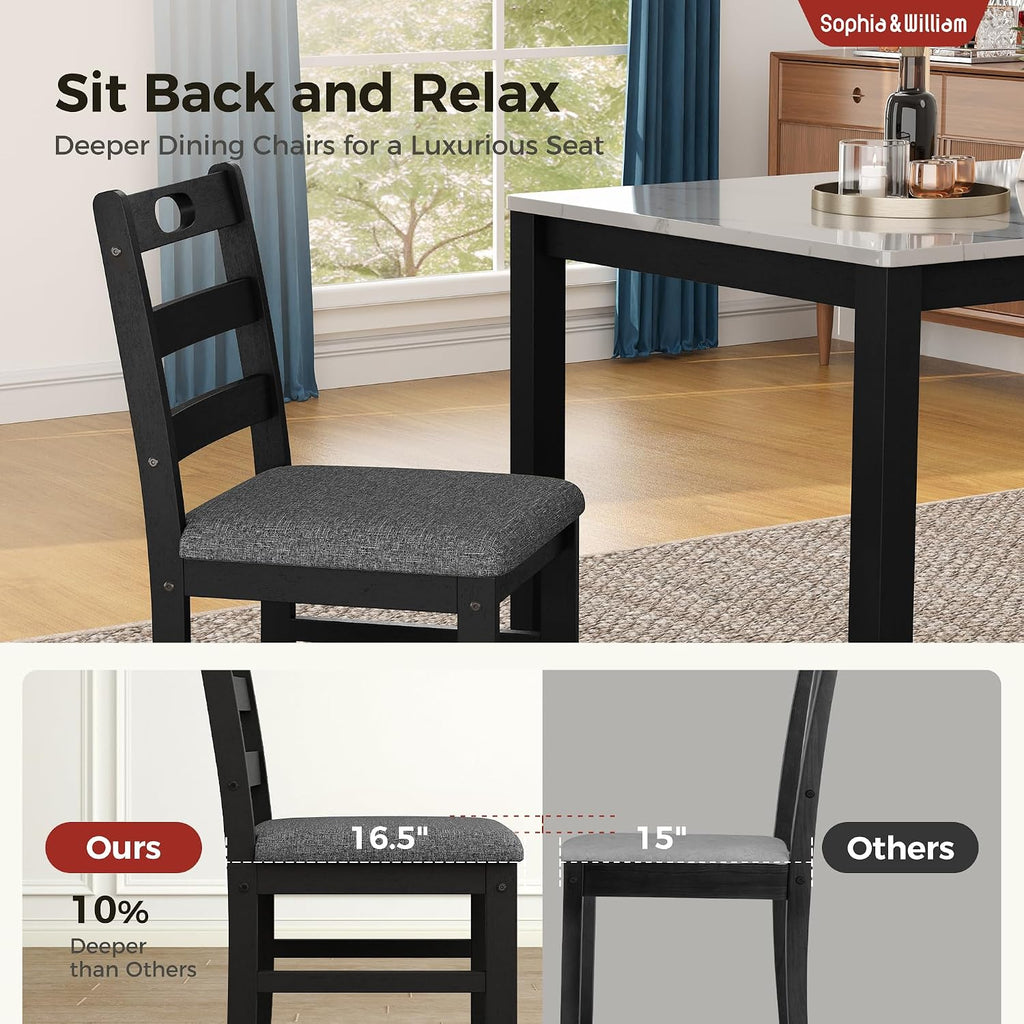 Sophia & William 5 Piece Dining Table Set for 4, Faux Marble Kitchen Table and Chairs Set, Solid Wood Farmhouse Dinner Table Set,Venatino White Marble & Black