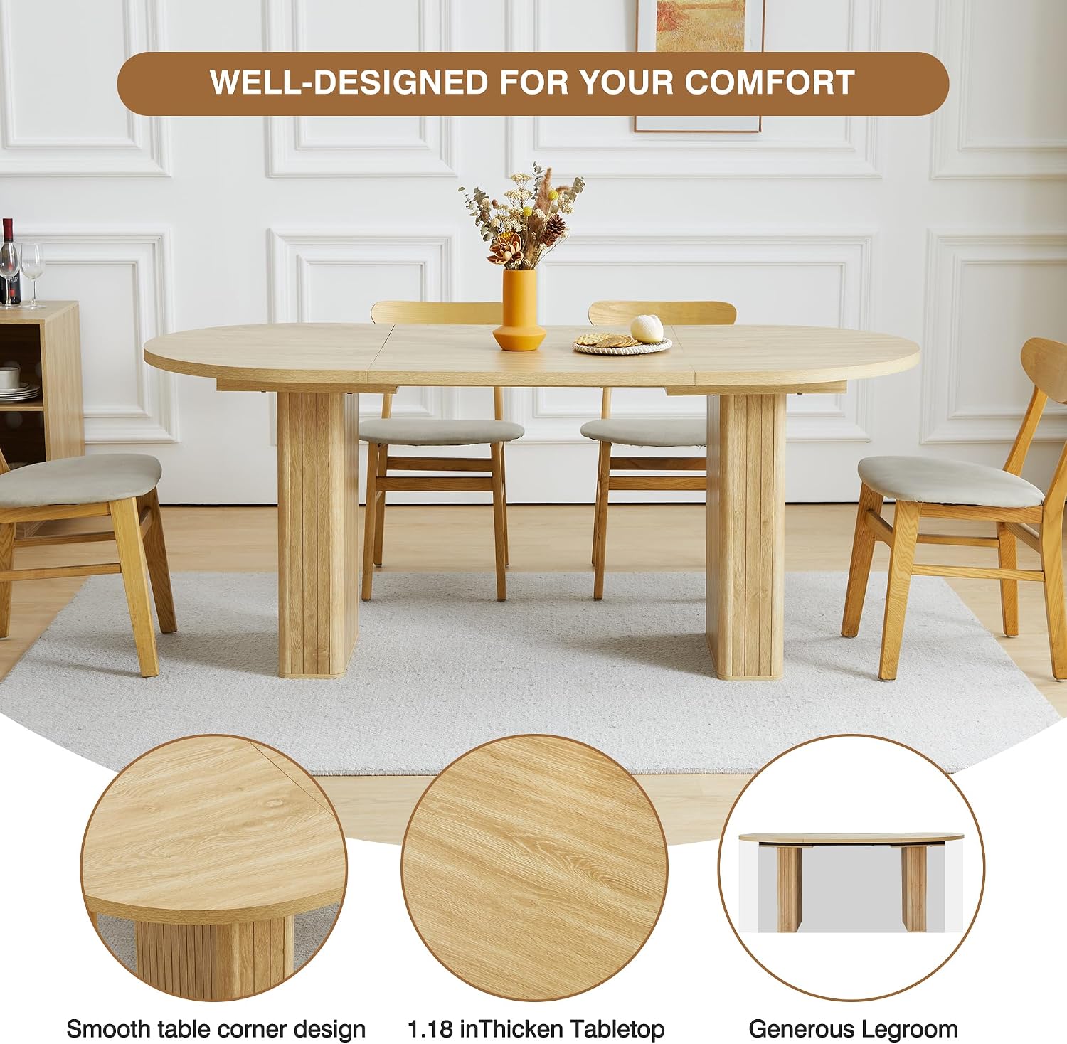70.8 Inch Kitchen Dining Table for 4-6 People, Oval Kitchen Table with Wood Strip Base, Modern Farmhouse Large Round Dining Room Tables for Living Room (Natural)