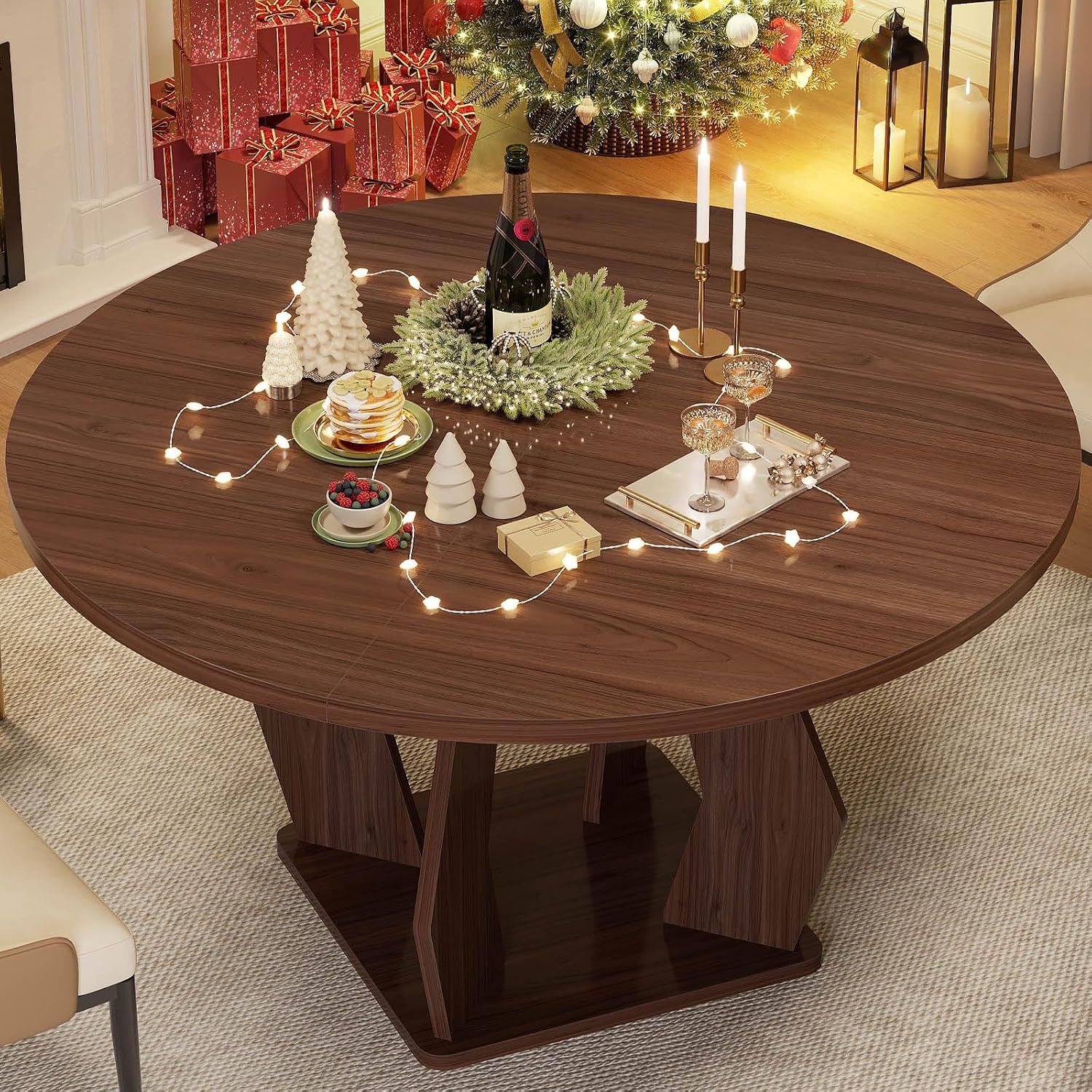 IBF Walnut Round Dining Table,Modern Wood Dinner Tables,Round Kitchen Table for 4 to 6,Farmhouse Dining Tables for Home,Living Room,Office,47 Inch