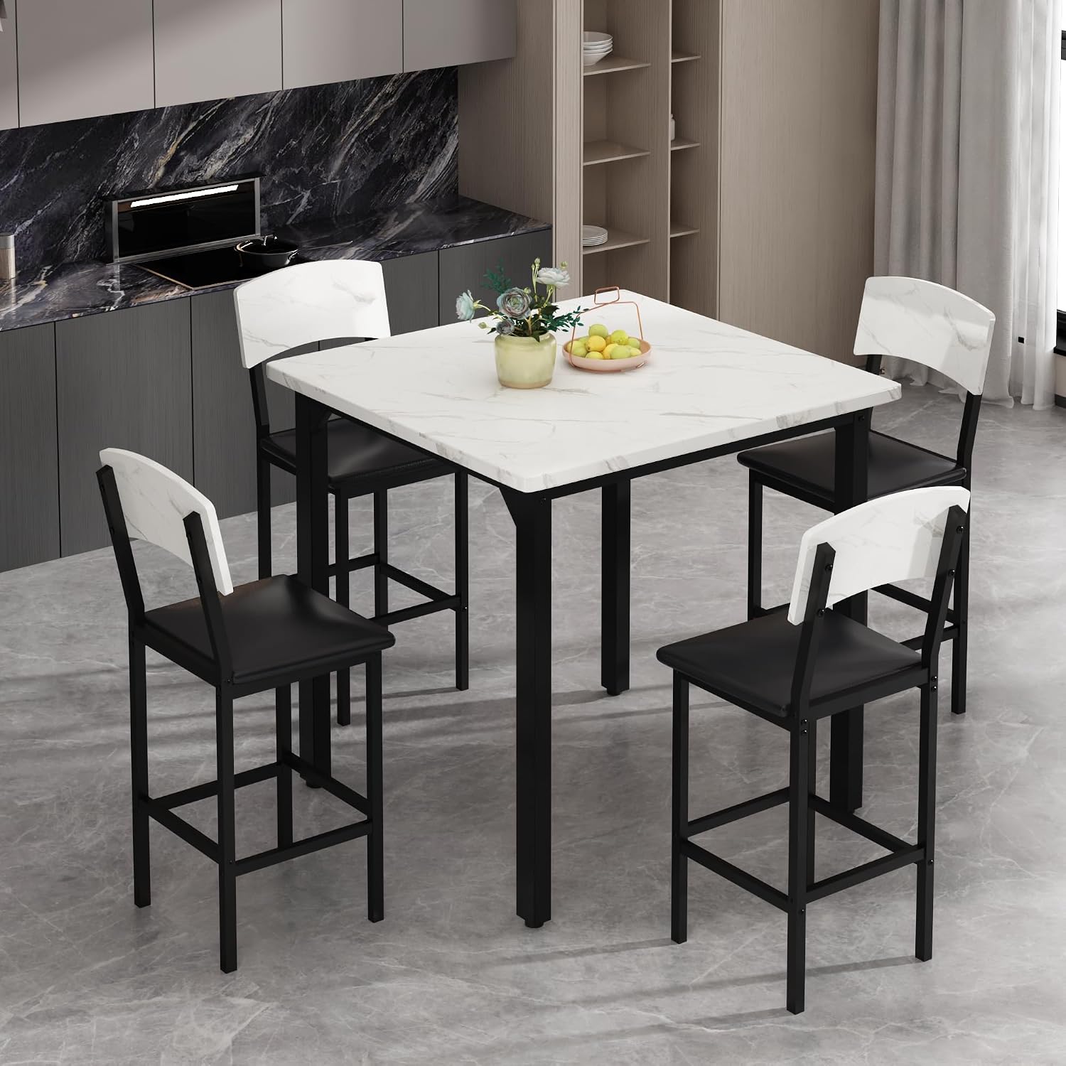 AWQM 5-Piece Dining Table Set, Dining Table Set for 4, Counter Height Table & 4 Bar Stools, Modern Kitchen Dining Set, with Upholstered Chairs, Compact Dining Set for Small Spaces, Marble Texture