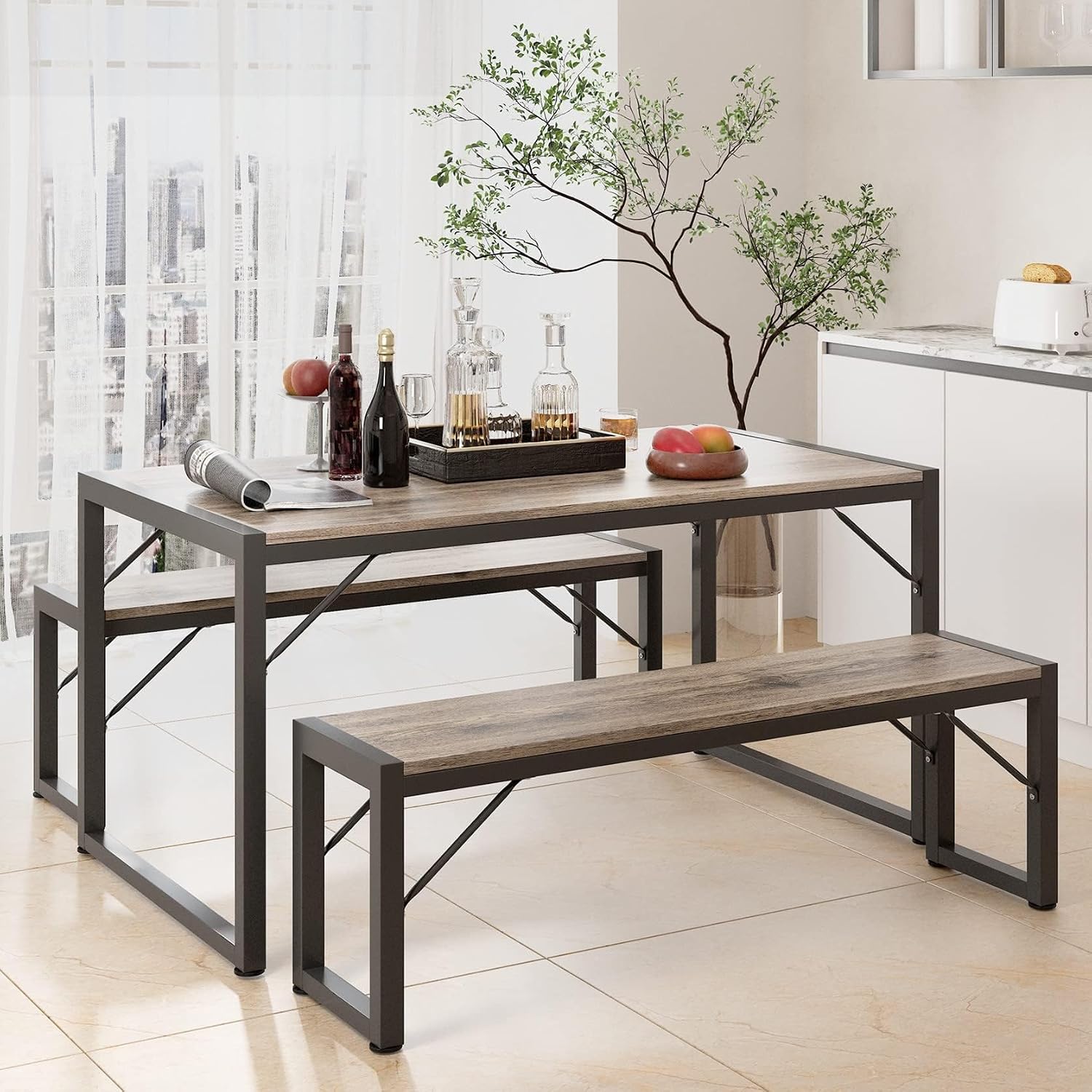Gizoon 45.5' Dining Table Set for 4 with 2 Benches, Kitchen Table Set with Metal Frame & MDF Board, Space-Saving Dinette for Kitchen, Dining Room -Grey