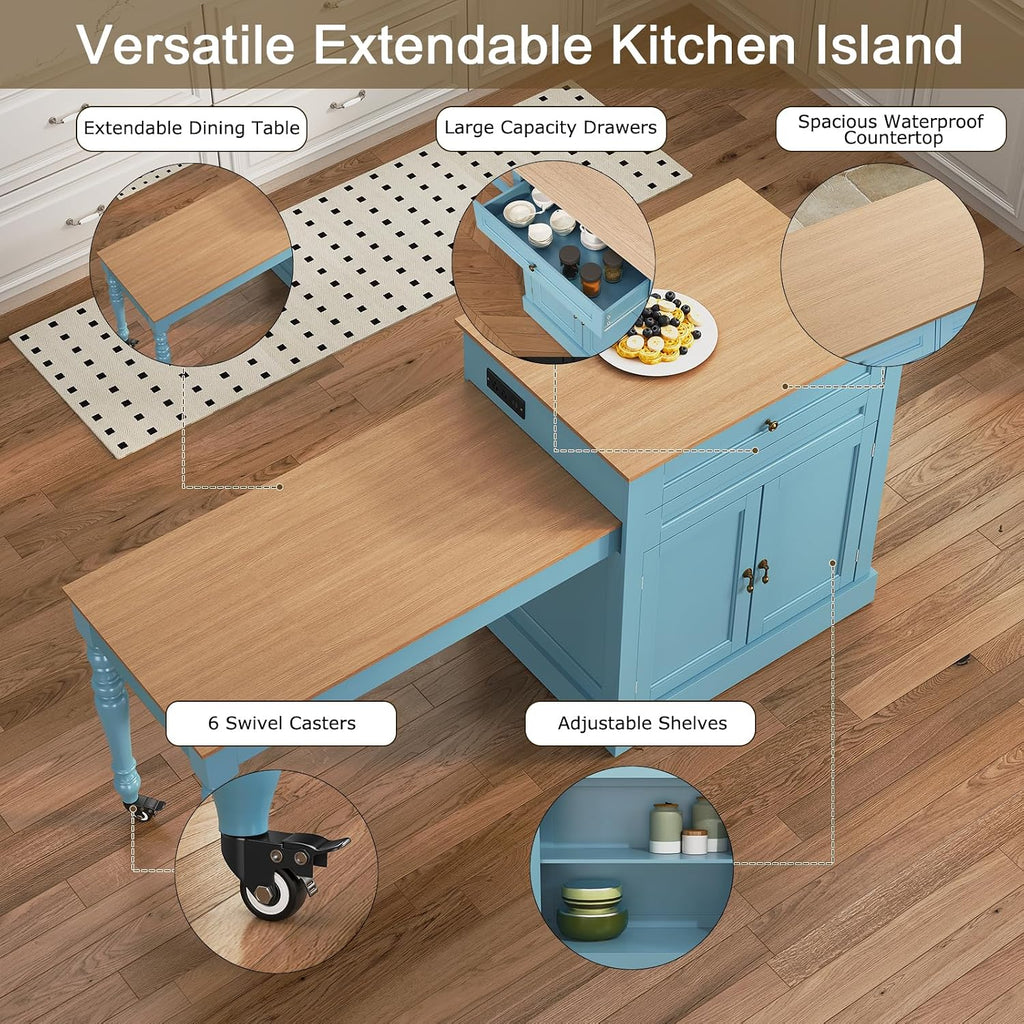 HLR 72' Kitchen Island with Extendable Table for 2-4, Island Table for Kitchen with Power Outlet and Storage Slide Out Legs, Rolling Islands Cart with 2 Doors (Blue)