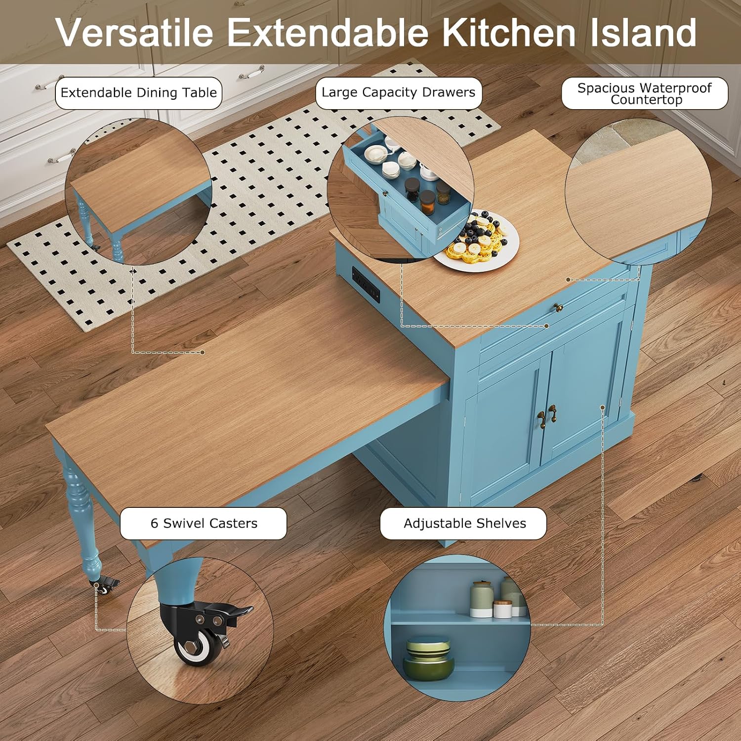 HLR 72' Kitchen Island with Extendable Table for 2-4, Island Table for Kitchen with Power Outlet and Storage Slide Out Legs, Rolling Islands Cart with 2 Doors (Blue)