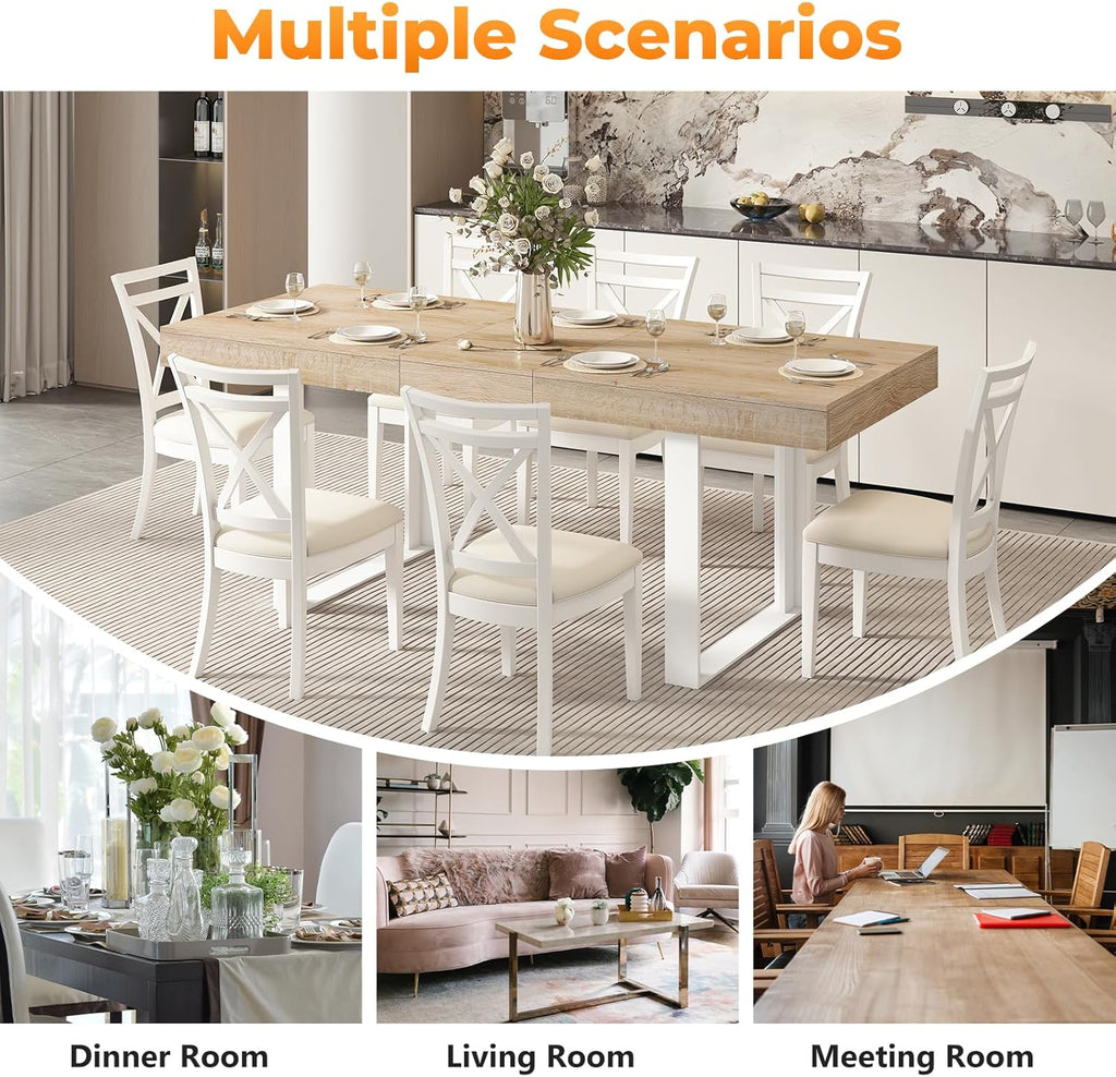 Zevemomo 63'-78.7' Expandable Dining Table, 6-10 Extendable Dining Table, Rectangle Conference Table, Farmhouse Kitchen Table with Slide Track, Tapered U-Shaped Wood Legs for Office, Living Room-Oak