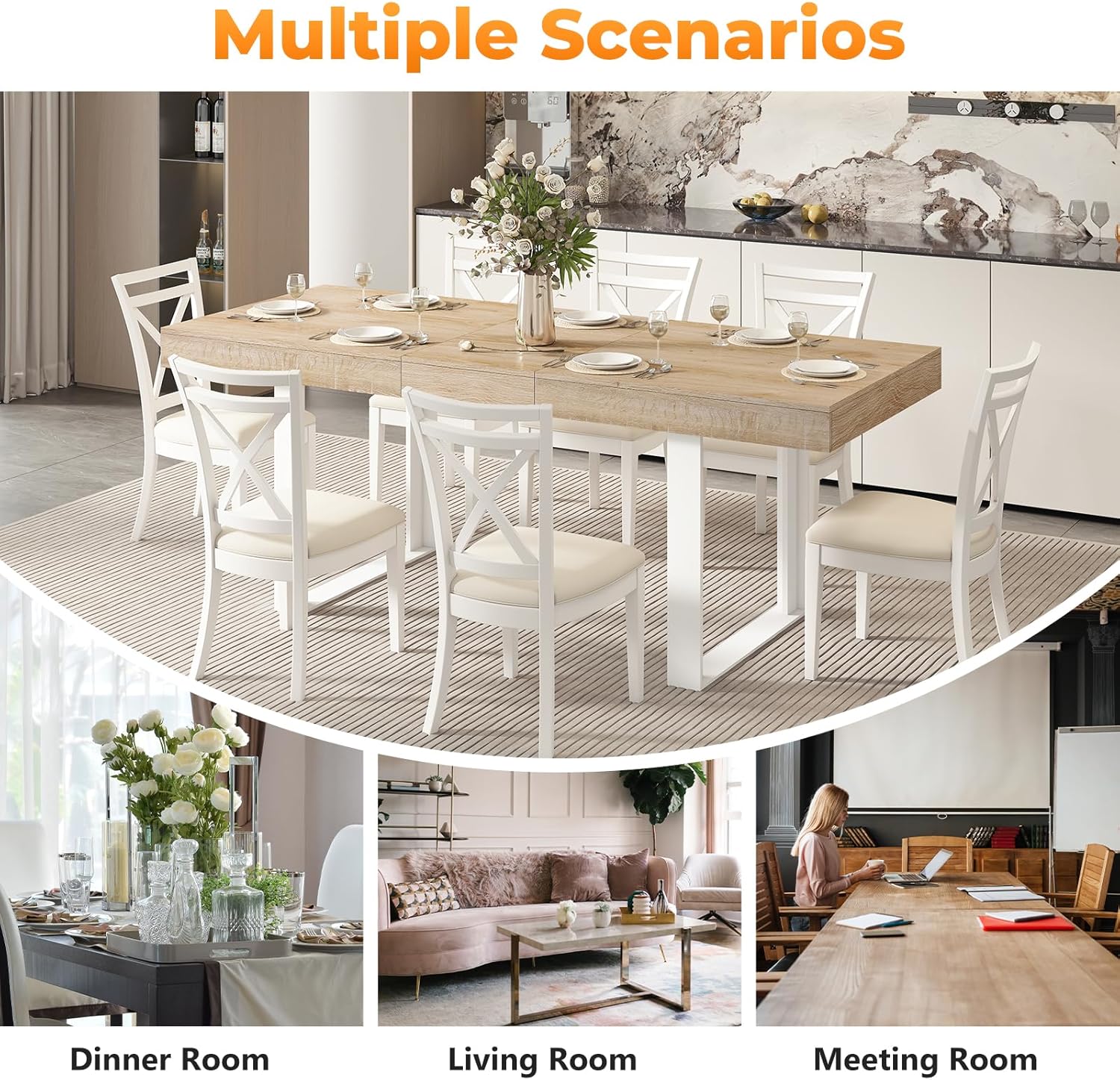 Zevemomo 63'-78.7' Expandable Dining Table, 6-10 Extendable Dining Table, Rectangle Conference Table, Farmhouse Kitchen Table with Slide Track, Tapered U-Shaped Wood Legs for Office, Living Room-Oak