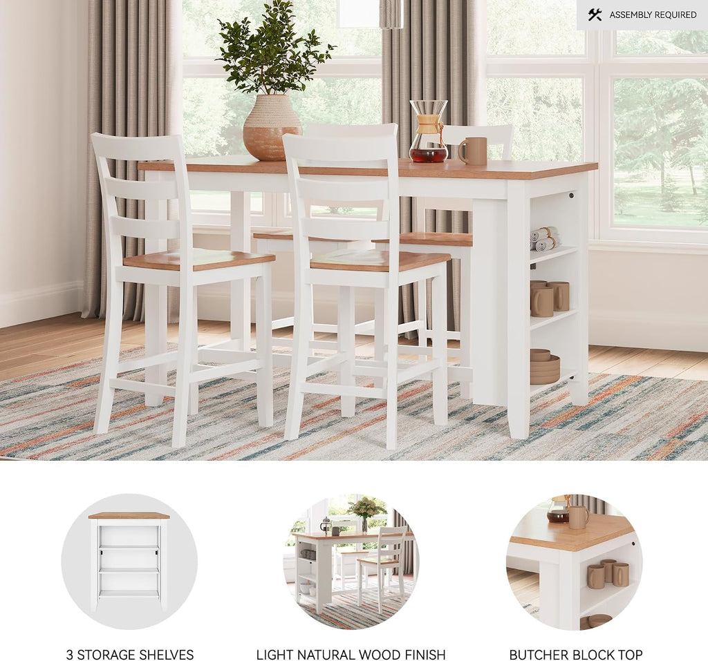 Signature Design by Ashley Gesthaven Farmhouse Counter Height Dining Table with 3 Shelves and Trestle Base, Light Brown & White