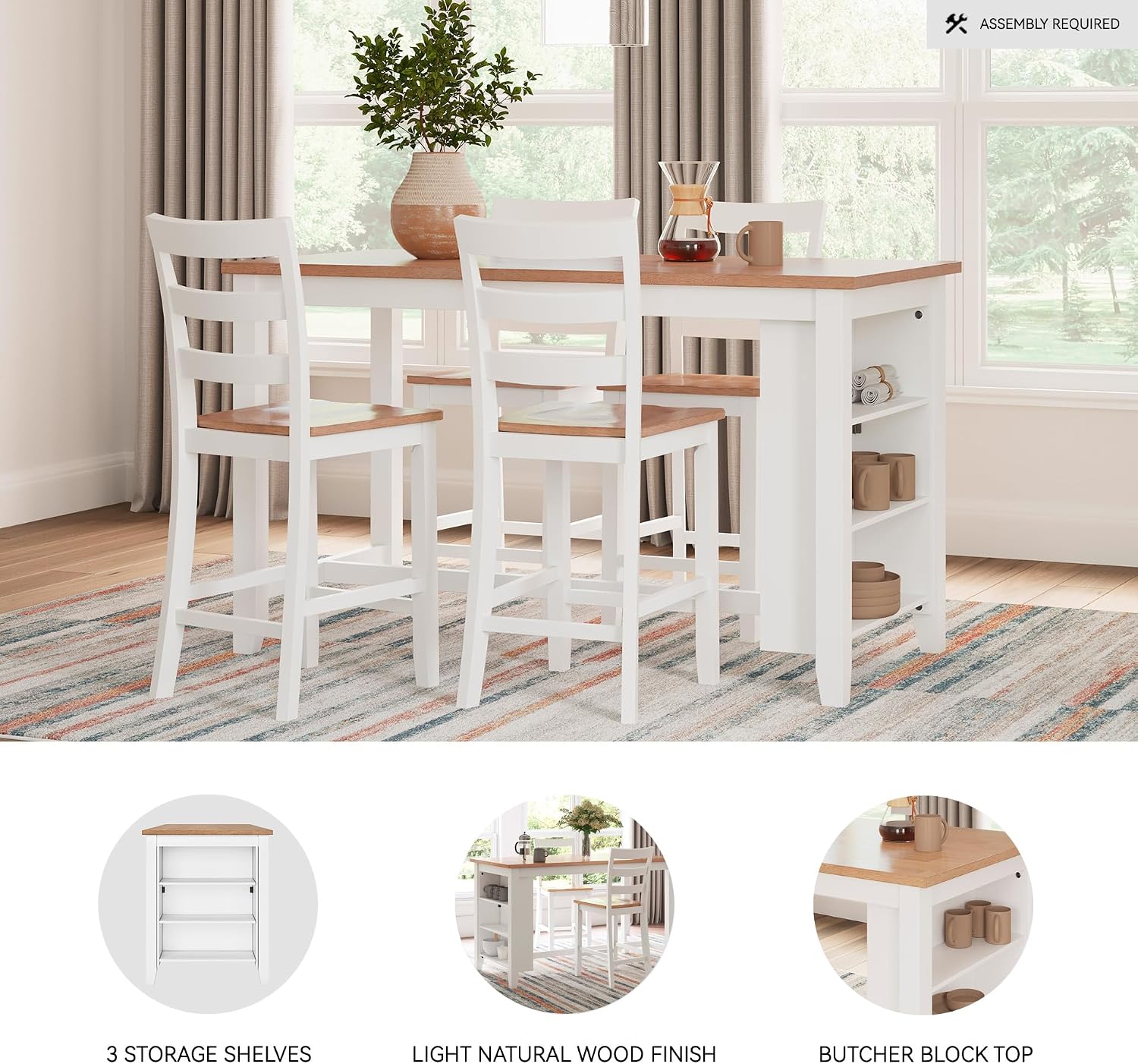Signature Design by Ashley Gesthaven Farmhouse Counter Height Dining Table with 3 Shelves and Trestle Base, Light Brown & White