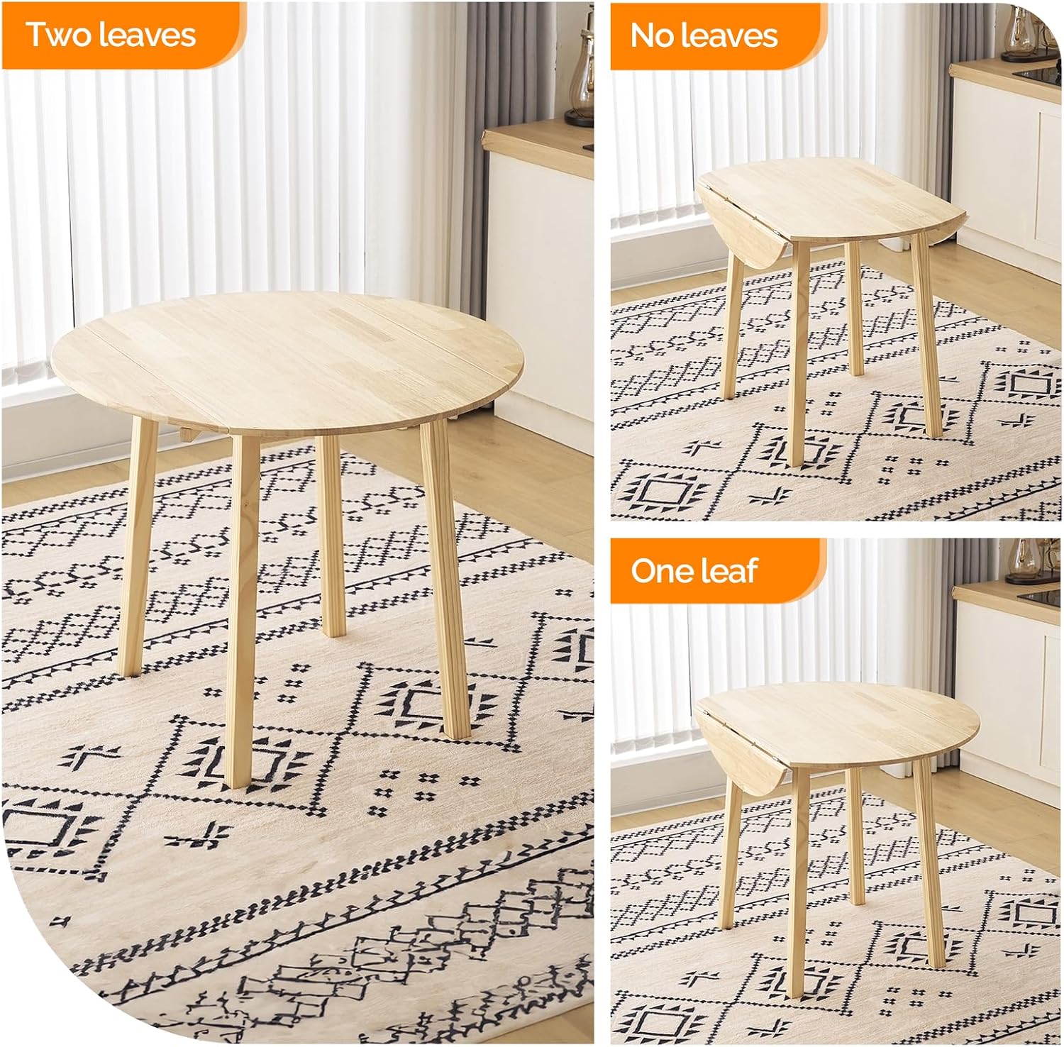 VINGLI 35' Solid Wood Folding Dining Table, Drop Leaf Kichen Dining Room Desk for Small Spaces, Small Kitchen, Expandable Folding Round Table for Home, Apartment,Office, Light Oak