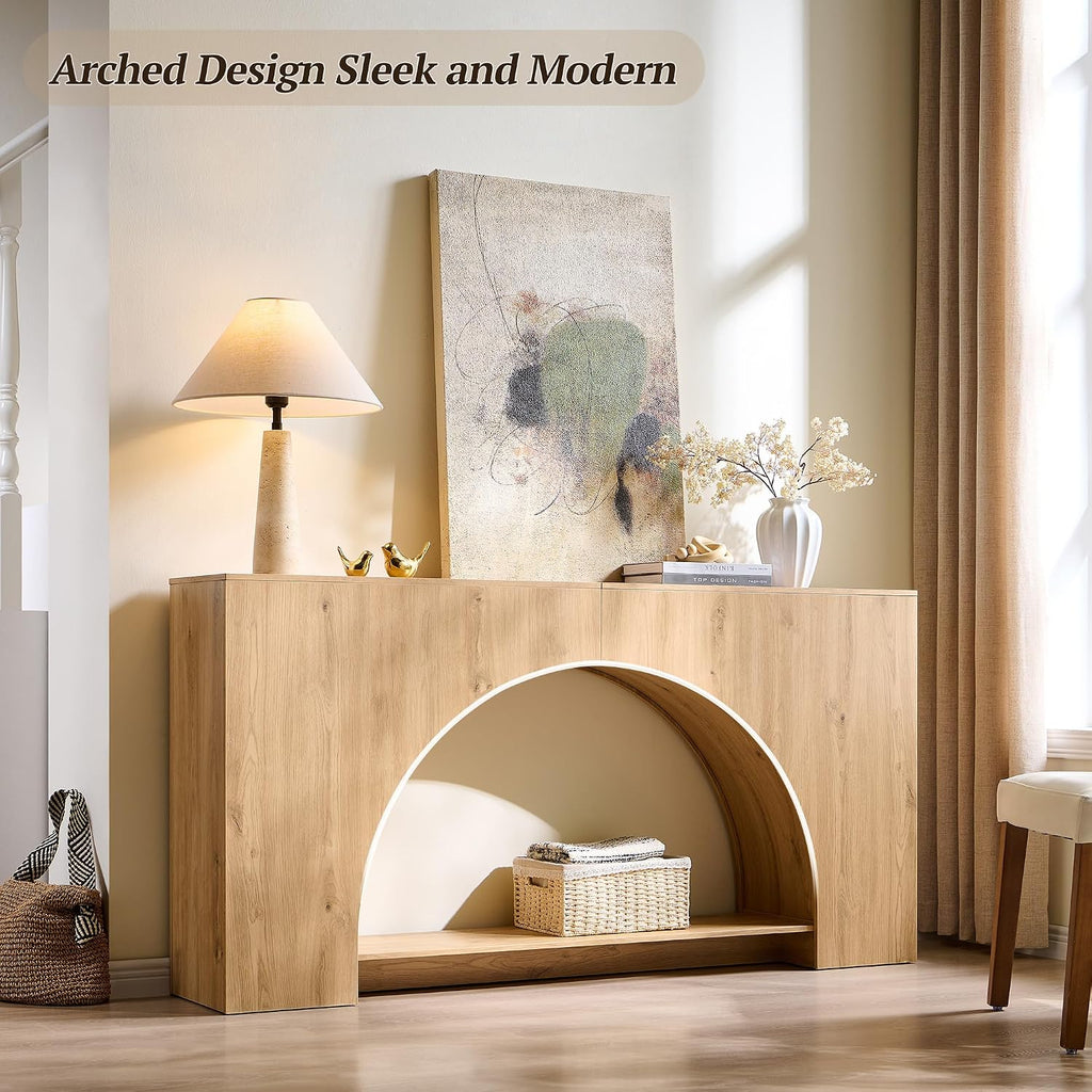 IFGET 63' Arched Console Table, 2-Tier Modern Entryway Table with Arched Base, Narrow Long Wood Sofa Table Behind Couch Table for Living Room, Hallway, Foyer, Natural