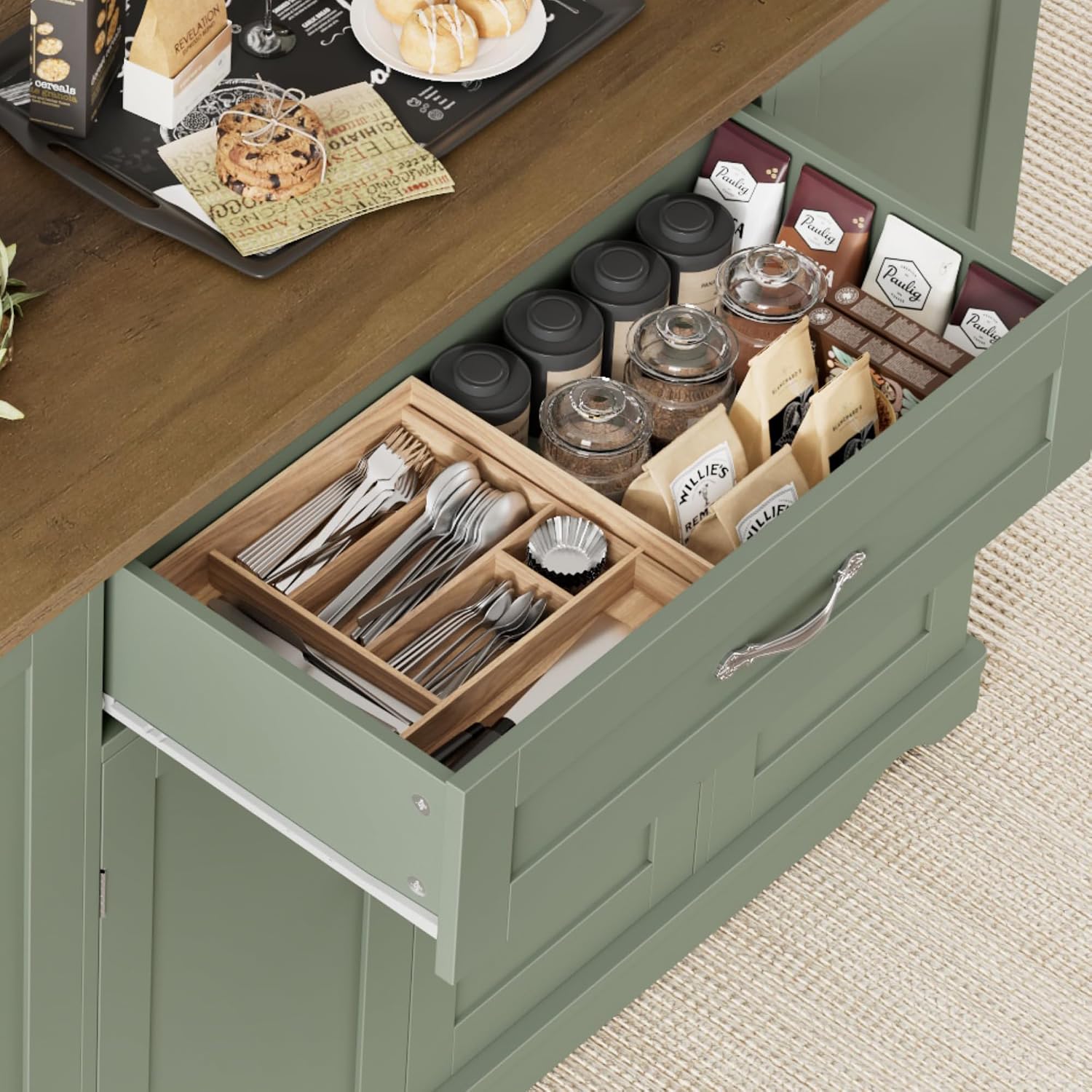 HOSTACK Kitchen Island Cart with Storage, 47'' Kitchen Storage Island on Wheels with 2 Drawers, Rolling Island Table with Adjustable Shelves, Mobile Buffet Sideboard Cabinet for Dining Room, Green