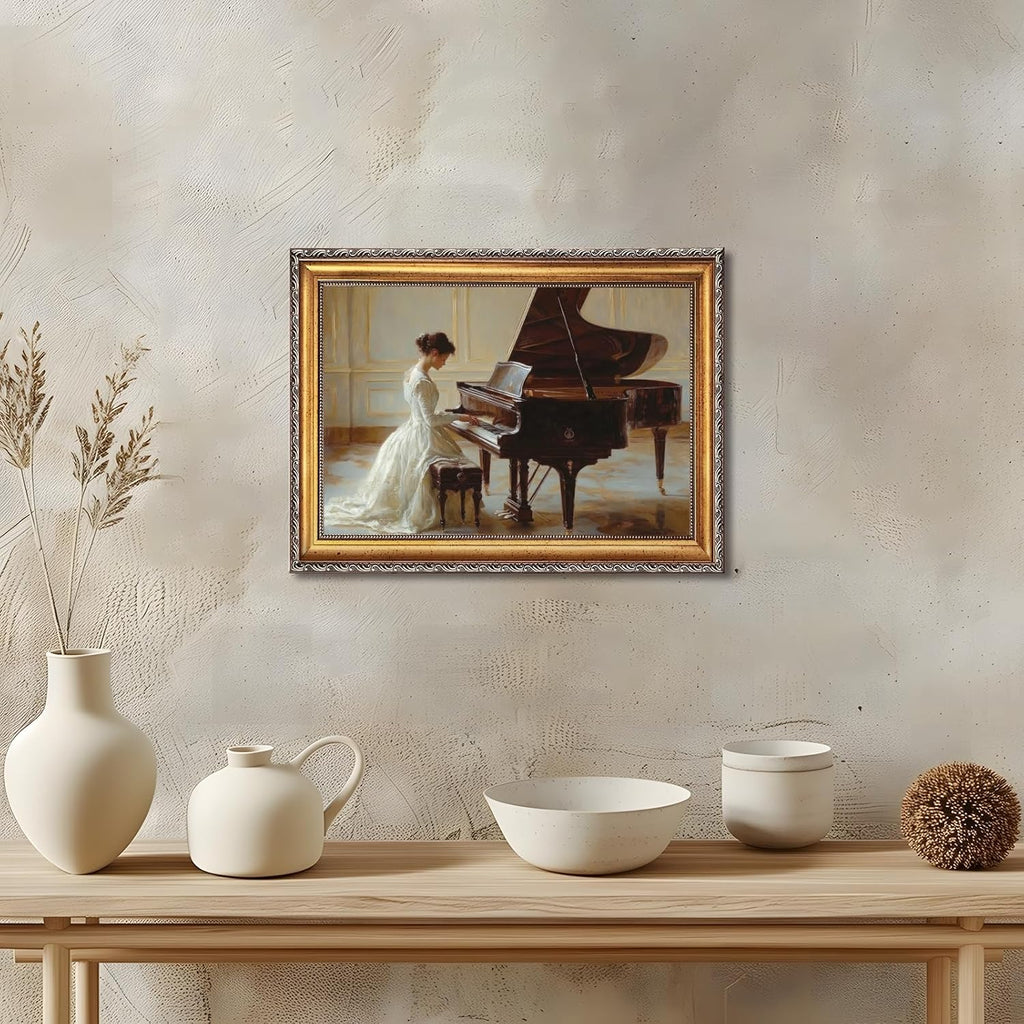 Large Framed Victorian Serenade Oil Painting Wall Art Romantic Woman Playing Piano Canvas Print Vintage Female Poster Elegant Victorian Era Artwork Picture Decor for Bedroom Living Room 24x36inch