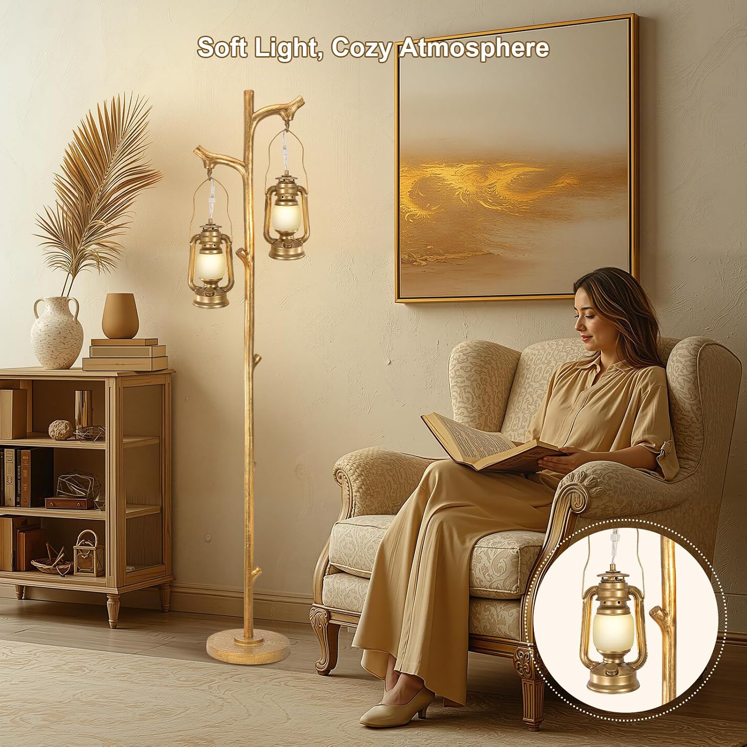 Scenekoy 68' Tall Floor Lamp with Lanterns, Gold Standing Lamp Tree Trunk Finish, Dimmable Resin Corner Lamp Stand Up Light with Bulb Prefer for Modern Living Room Bedroom Home Decor (Bulbs Included)