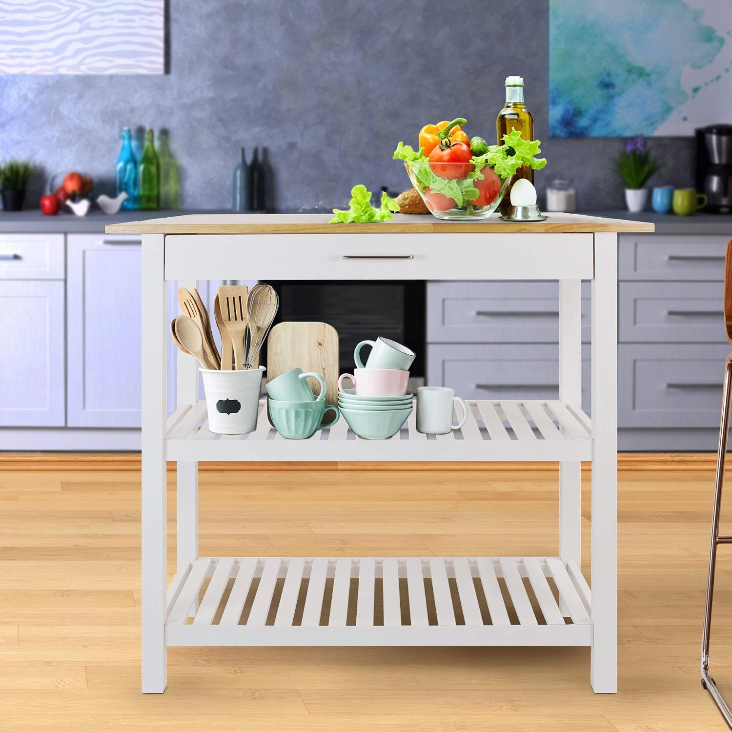 Casual Home Kitchen Island with Solid American Hardwood Top, Natural/White, 40' W (373-91)