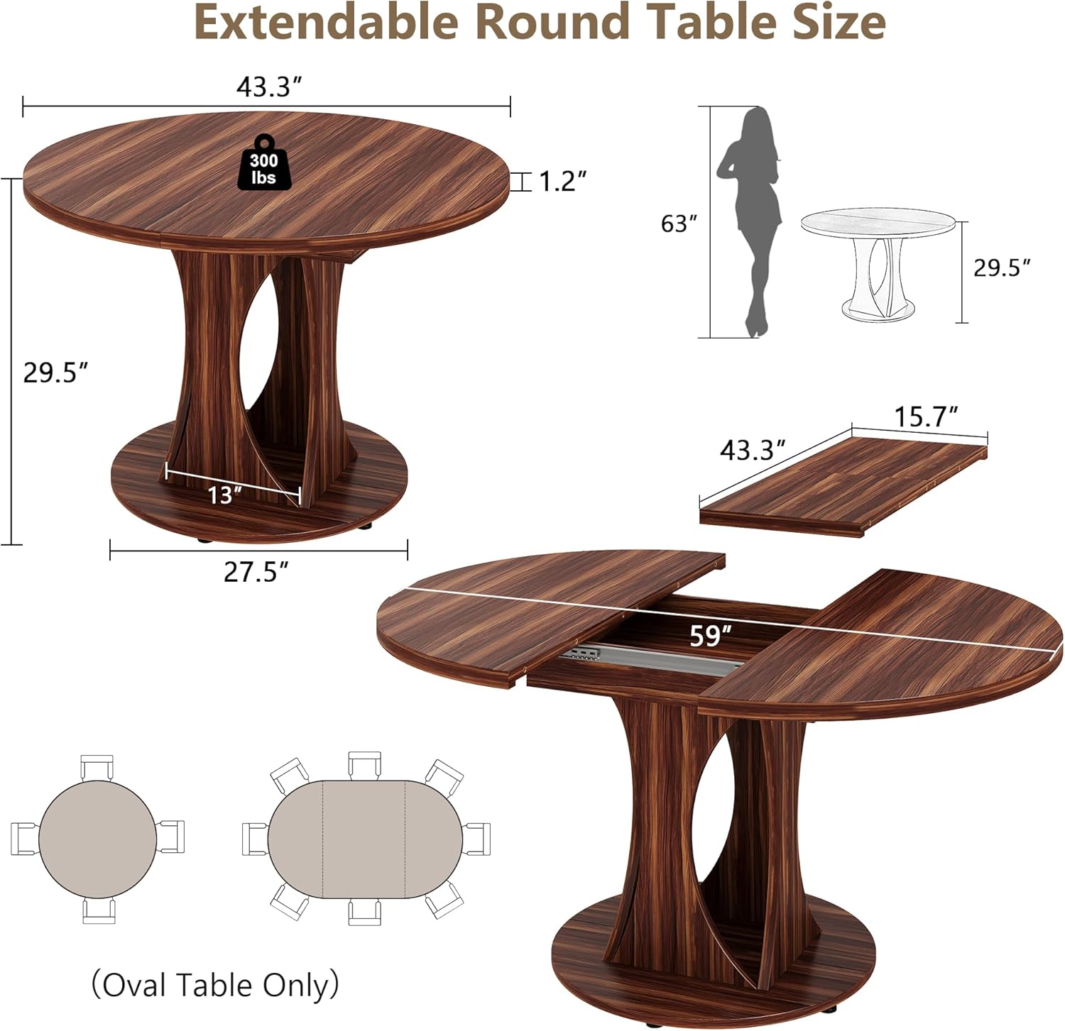 Einhomn 59' Extendable Round Dining Table for 6-8, Kitchen Table with Sturdy Double Arc Base & Backboard Clasp Desktop, Mid-Century Modern Dinner Table, Kitchen Dining Room, Space Saving, Walnut