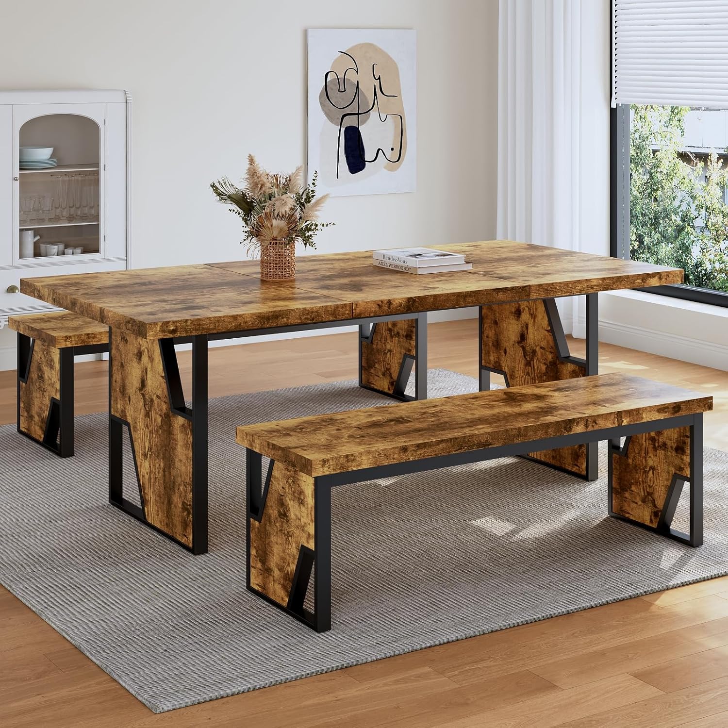HIPIHOM 70.8' Wooden Dining Table with 2 Benches, Modern Kitchen Table and Chairs Set for 4-6 Person, Thickened MDF Wooden Table with Dining Bench for Living Dining Room, Kitchen, Office