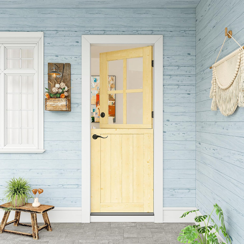 32' x 80' Exterior Prehung Dutch Entry Door (Front/Outside) - 1.75' Pine with 4-Lite Glass,Interior Doors Slab for Home Entryway/Back w/4 Hinges+1 Latch +1 Slab+1 Lock Set +1 Jamb