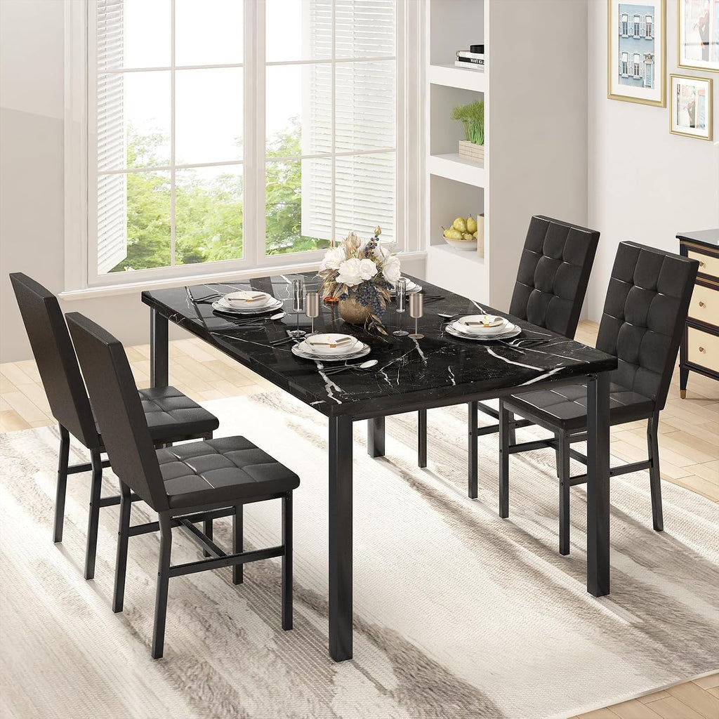 Hooseng Kitchen Table Set 5 Piece Dining Room Table Set Marble Dining Table 4 Chair Dining Table Set for Kitchen Living Room Breakfast Small Spaces (Black)