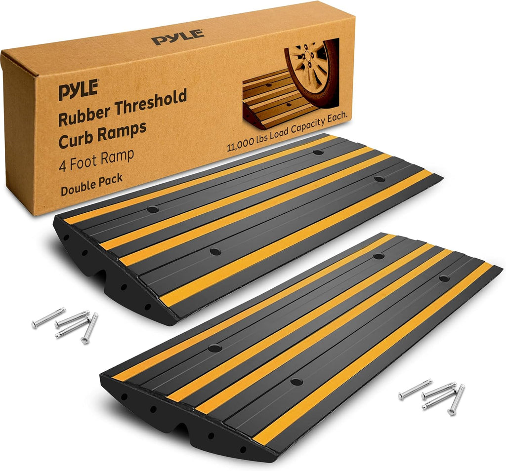 Pyle 8 Ft. Rubber Curb Ramp Set - Pack of 2 Heavy Duty Non-Slip Threshold Ramps for Driveways & Sidewalks, Waterproof, Yellow Reflective Strips, Expansion Screws Included, 48''x16''x2.6'' Inches