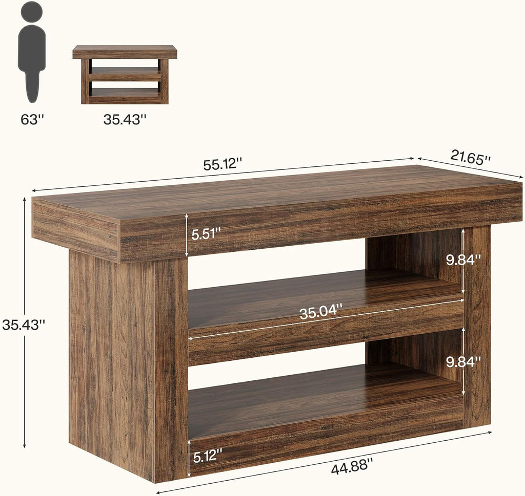 Tribesigns 55-Inch Kitchen Island with Storage, Farmhouse 3-Tier Stationary Island Table with Large Countertop, Wooden Coffee Bar Table Storage Cabinet for Kitchen, Dining Room, Living Room, Brown