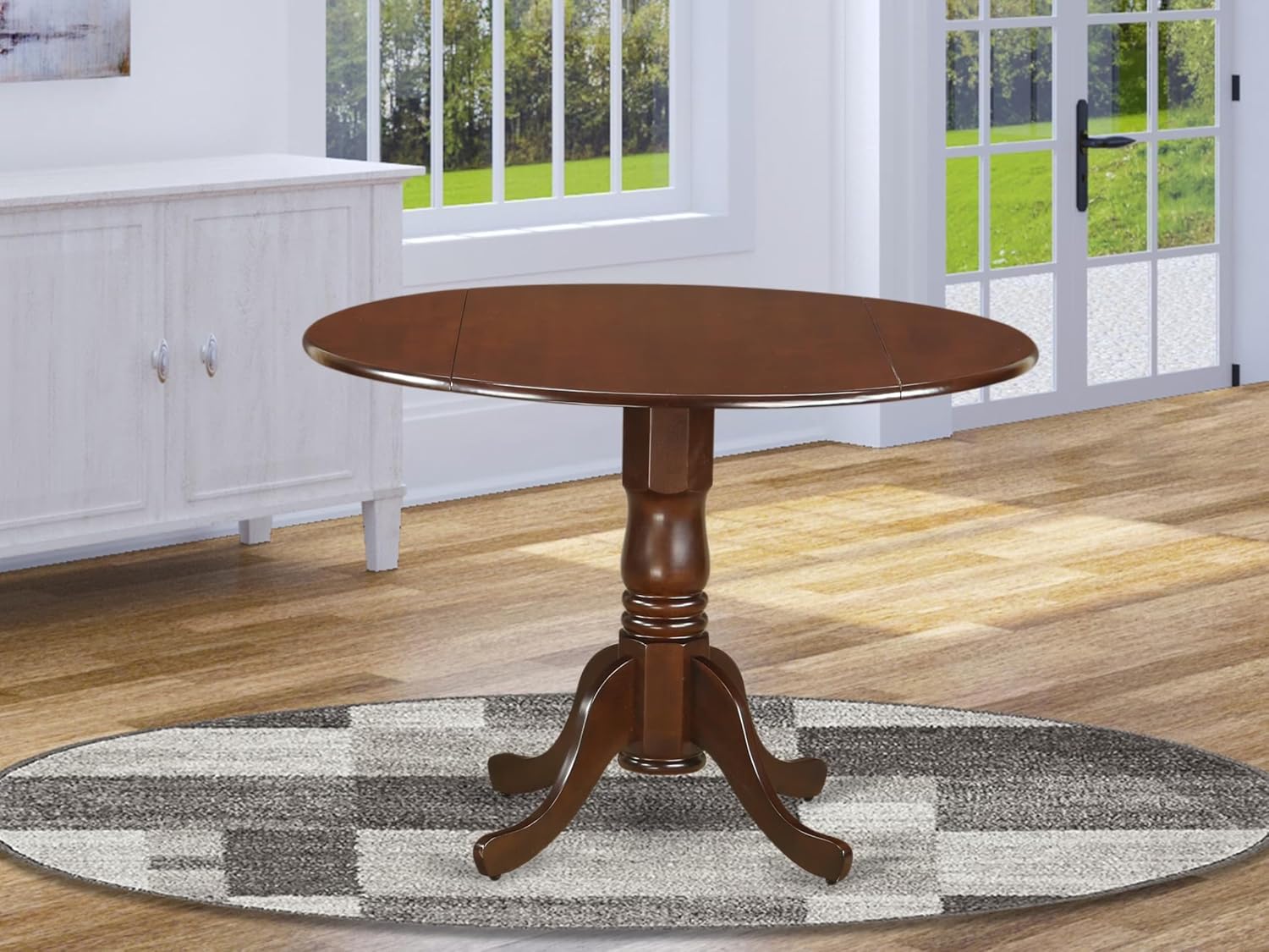 East West Furniture DLT-ESP-T Wood Dining Table - a Round Top with 2 Drops Leaf and Pedestal Leg, 42x42 Inch, Mahogany Finish