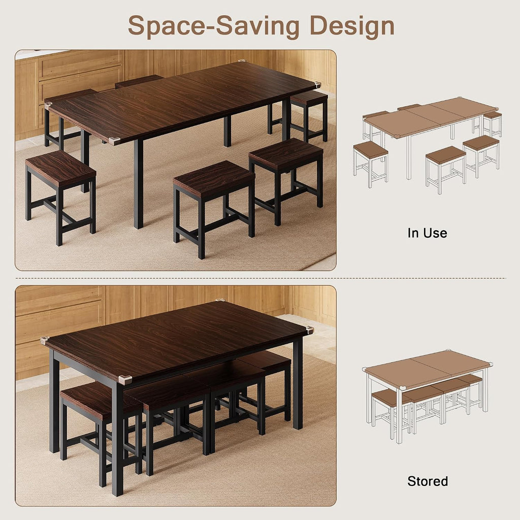 Einhomn 7-Piece Dining Table Set, 63' Extendable Kitchen Room Table with 6 Stools, Mid Century Modern Dinner Table with Metal Frame & MDF Board, Space-Saving, Easy Assembly, Espresso